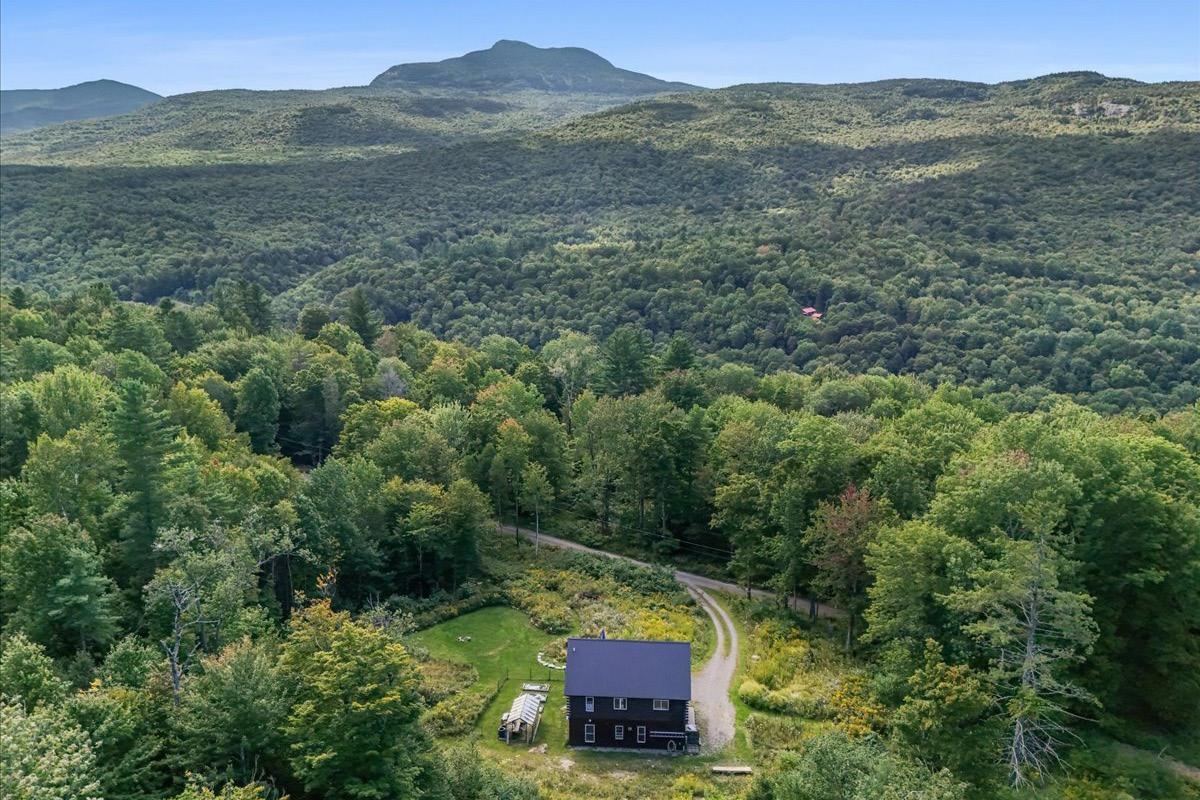 Aerial view of a house amid forest, with a winding driveway and mountain ridges beyond.