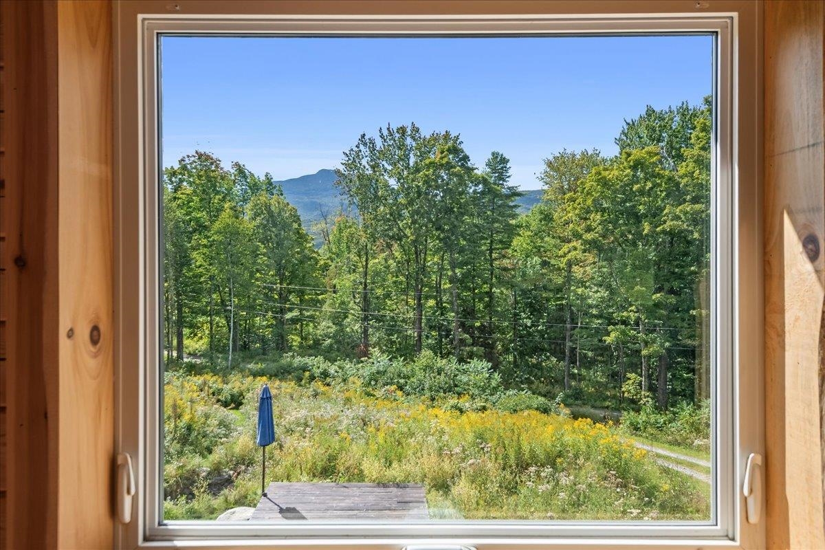 Mountain and wooded hillside view through a large wood-trimmed window, overlooking a wildflower meadow and small deck.