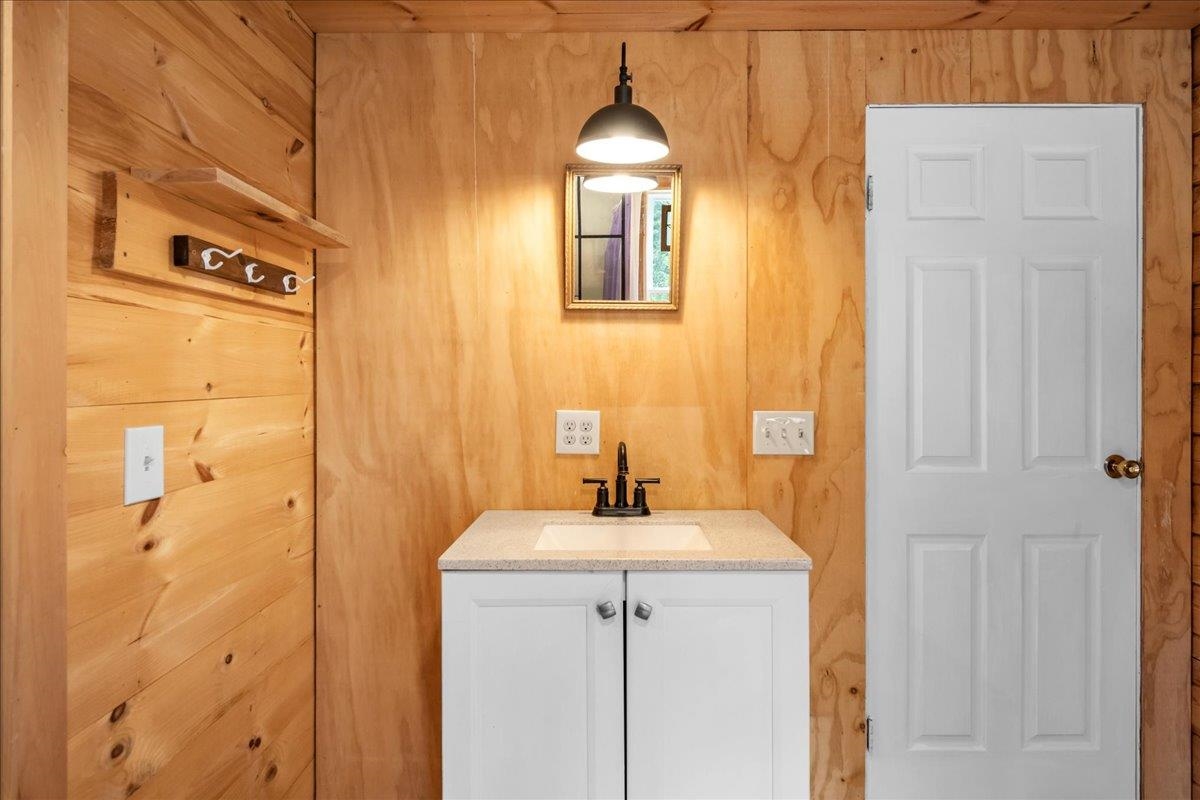 Bathroom with plywood walls, a white vanity and sink, and a white paneled door.