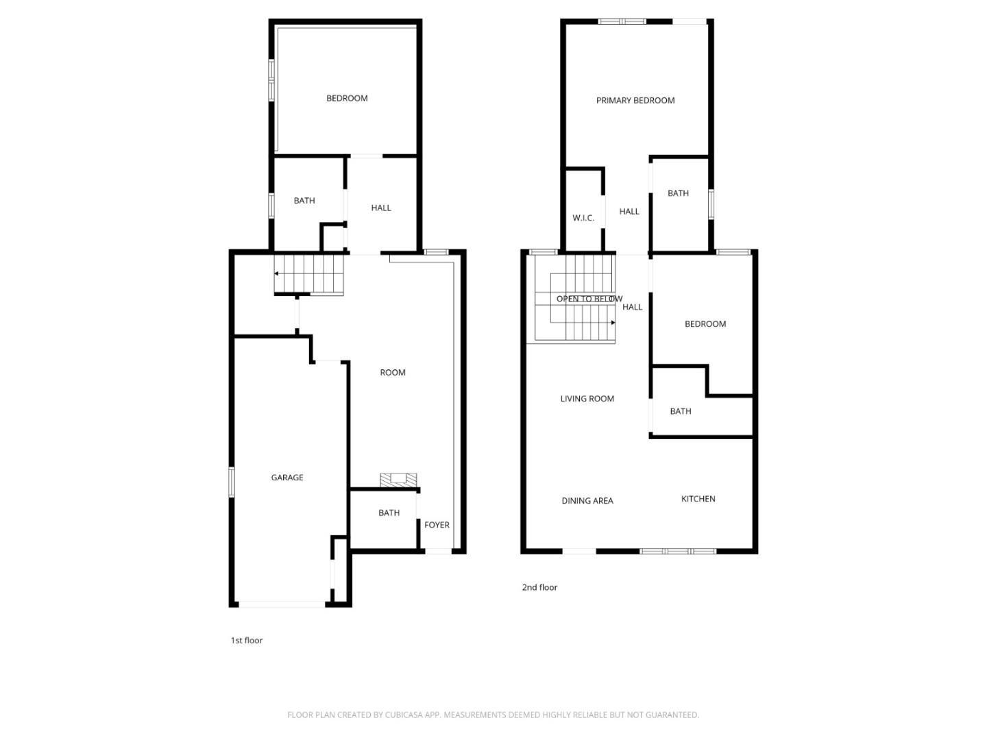 Two-level home floor plan with garage, bedrooms, bathrooms, living room, dining area, and kitchen.