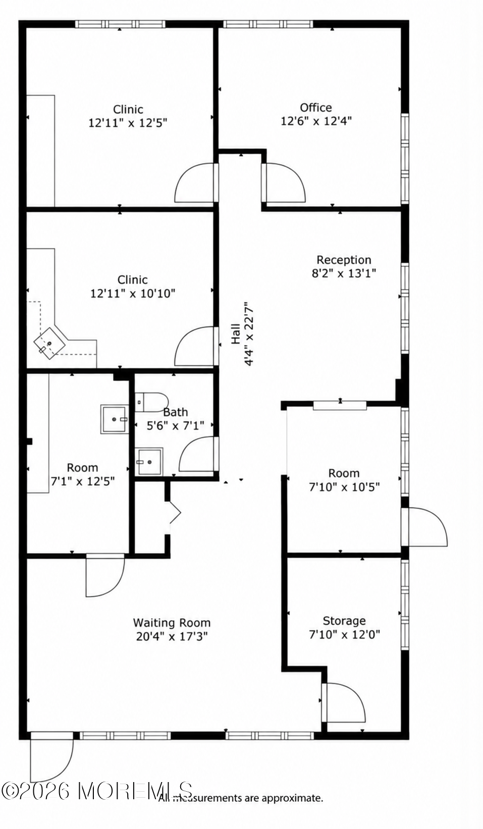 Floor plan of a clinic and office suite, with labeled rooms, dimensions, reception, waiting room, and storage.