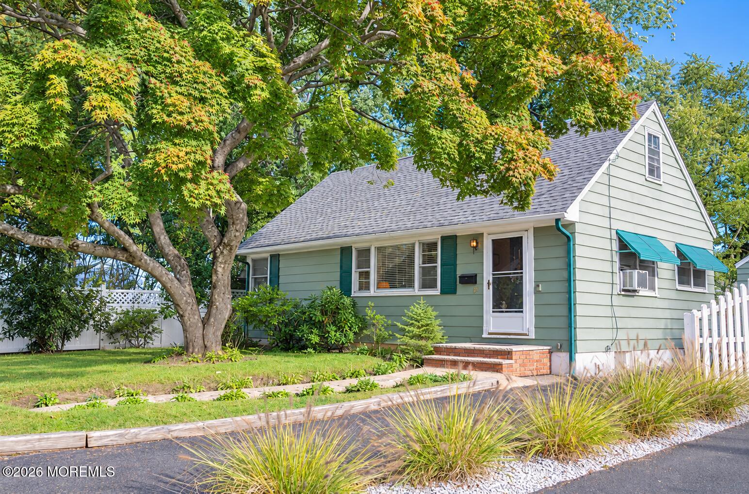 Sage-green house with teal shutters and awnings beneath a large leafy tree.