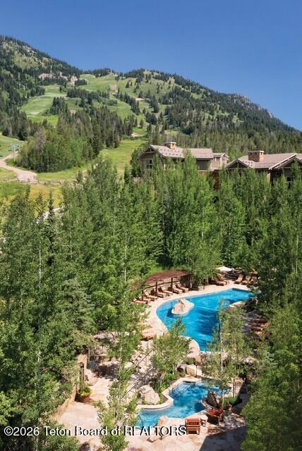 Resort pools nestled among trees, with lodge buildings and a forested mountain behind them.