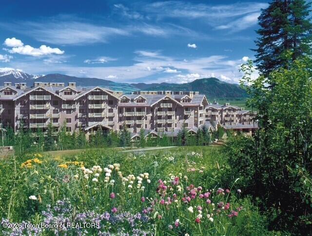 Mountain lodge with balconies beyond a wildflower meadow, backed by evergreen trees and mountain peaks.