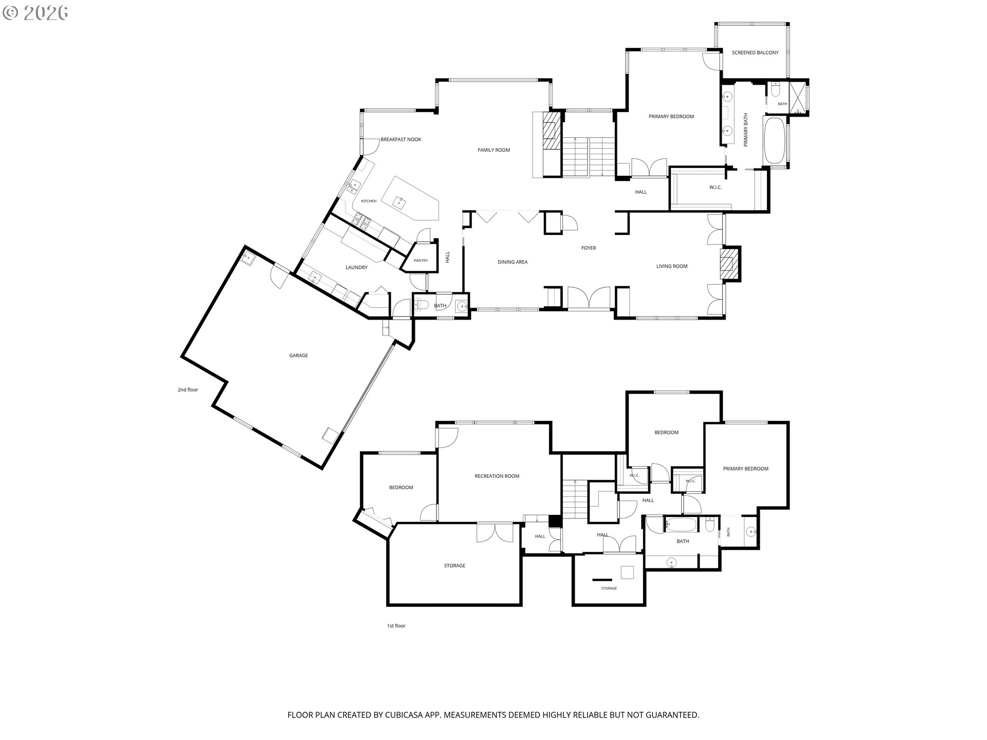 Two-level home floor plan with a garage, screened balcony, multiple bedrooms, and recreation room.