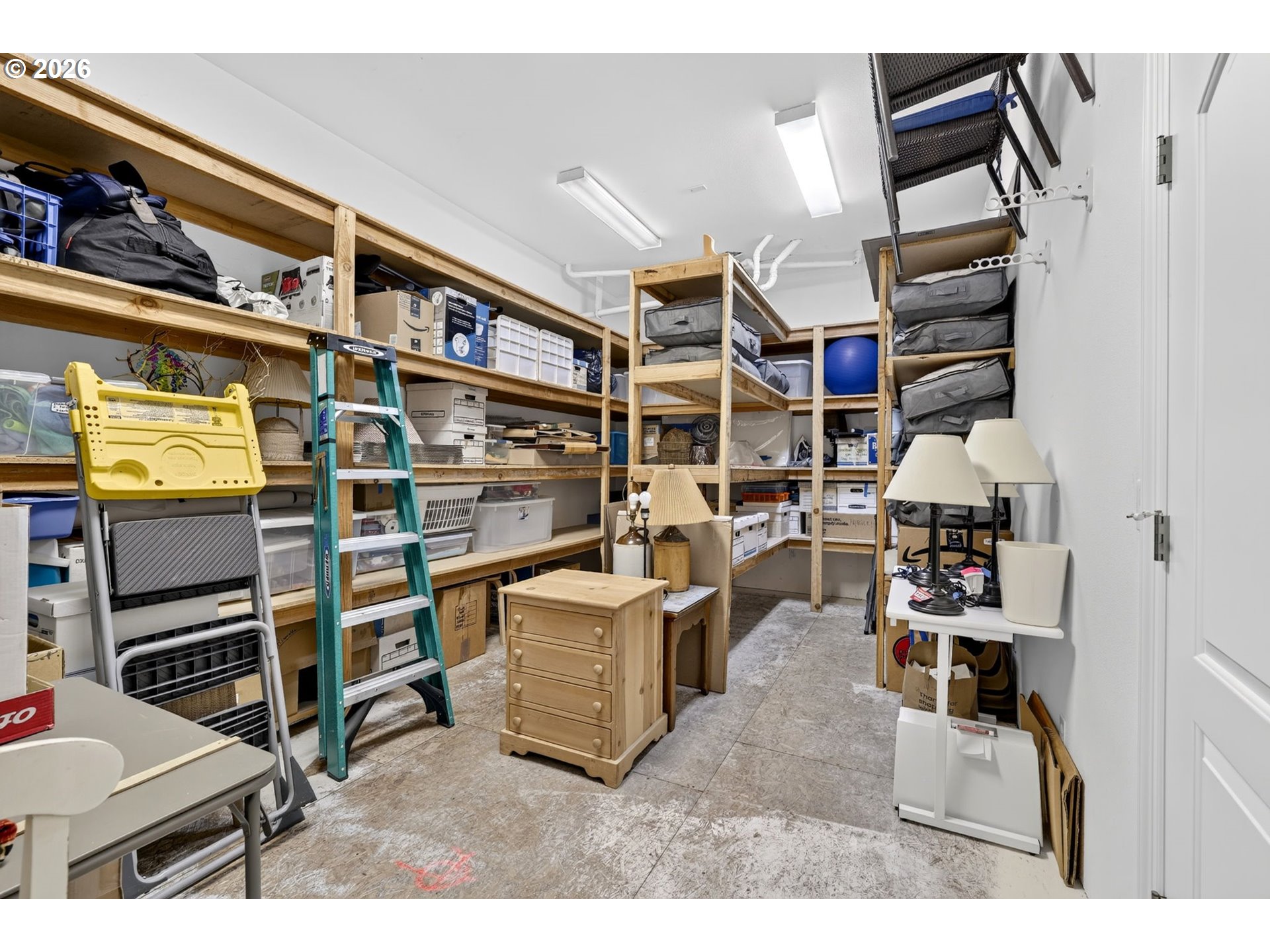 Storage room with wooden shelves, boxes, a step ladder, and furniture.
