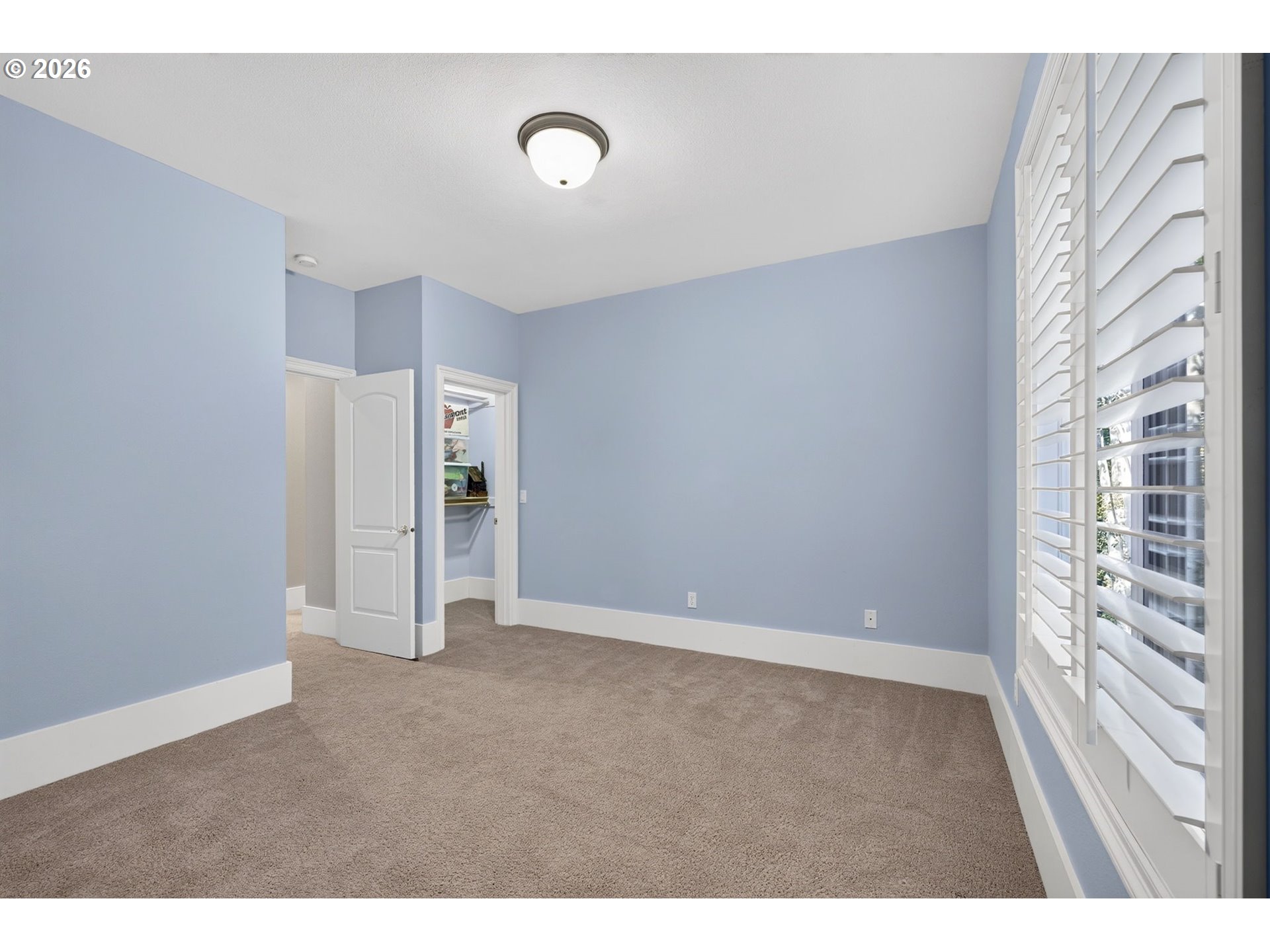 Empty blue bedroom with beige carpet, an open closet, and white plantation shutters.