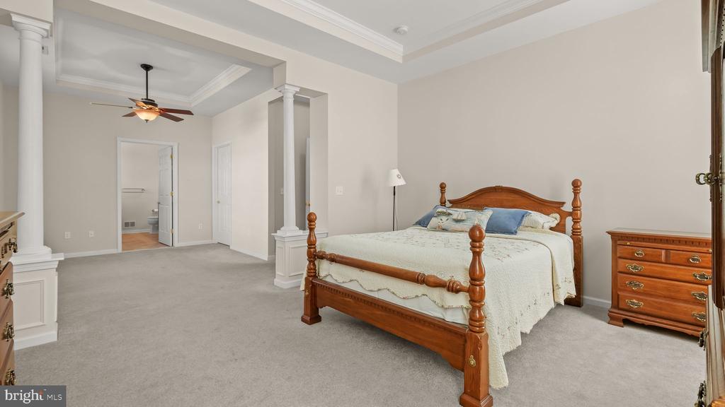 Furnished bedroom with a carved wooden four-poster bed, tray ceiling, and open doorway to a bathroom.