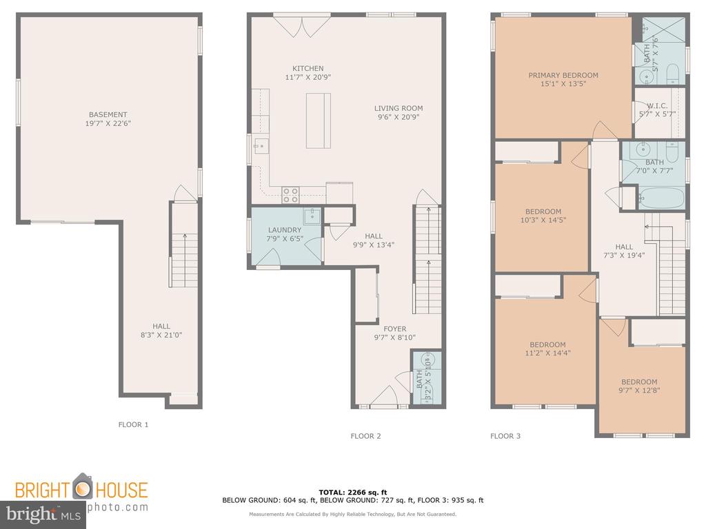 Three-floor home plan with room dimensions, basement, four bedrooms, and 2,266 square feet total.