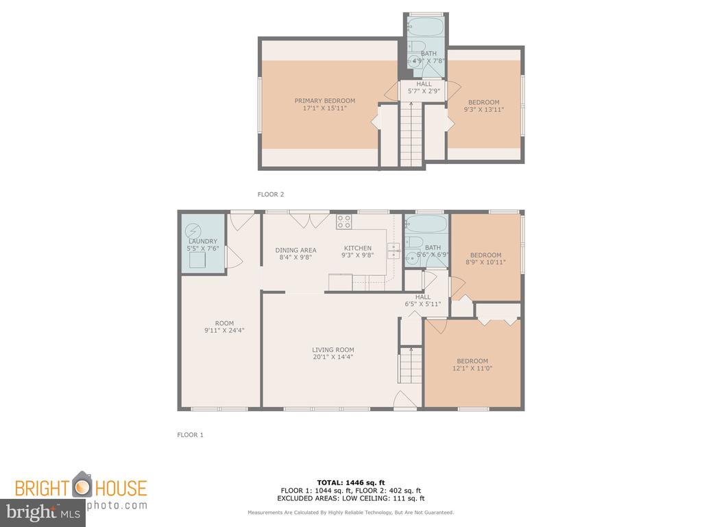 Two-story floor plan with room dimensions and a total area of 1,446 square feet.