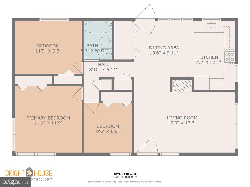 Floor plan showing three bedrooms, one bathroom, a kitchen, dining area, and living room.