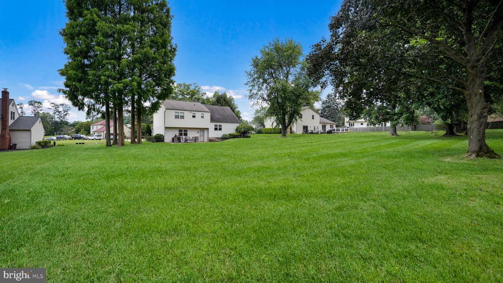 Expansive green lawn with mature trees and neighboring homes beyond.