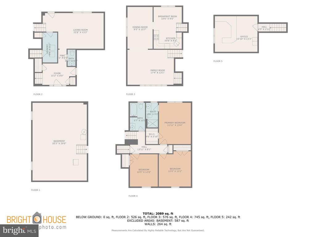 Floor plan for 751 Ridge Ln, showing room layouts across the basement and floors 2 through 5.