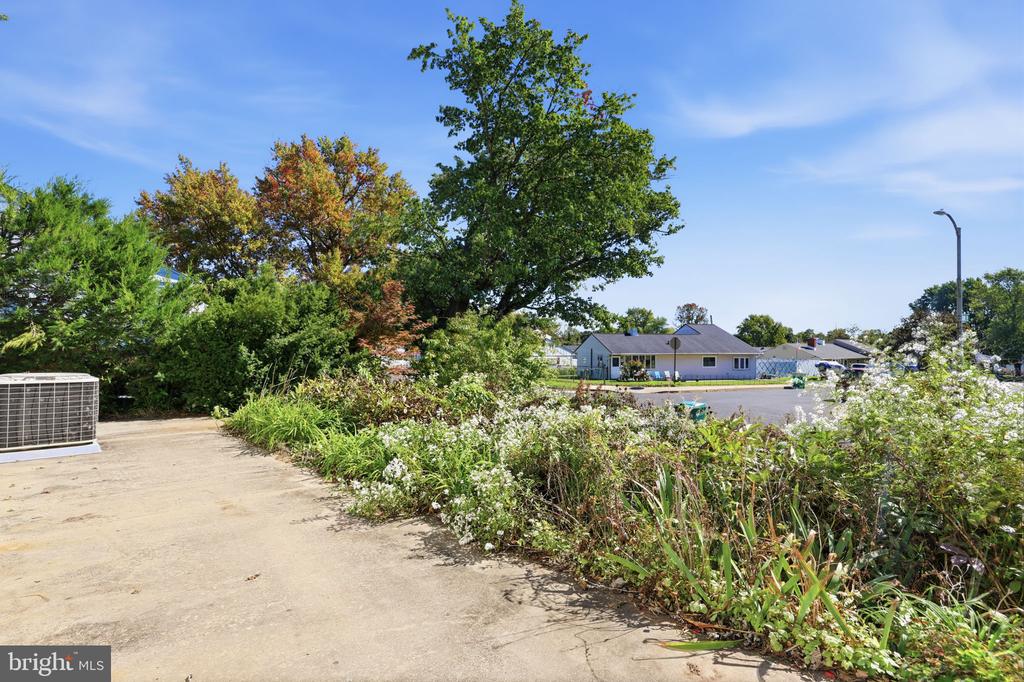Concrete patio beside flowering garden beds, mature trees, and an exterior air-conditioning unit.