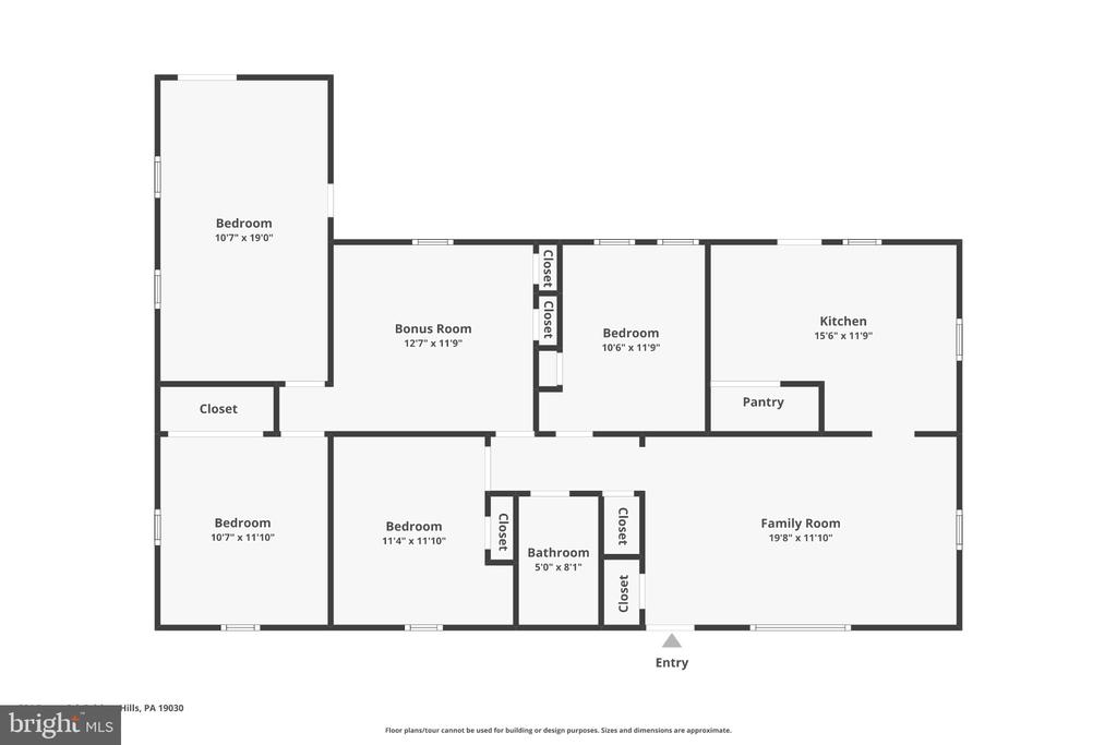 Floor plan of 324 Devon Road with four bedrooms, a bonus room, kitchen, family room, and labeled room dimensions.