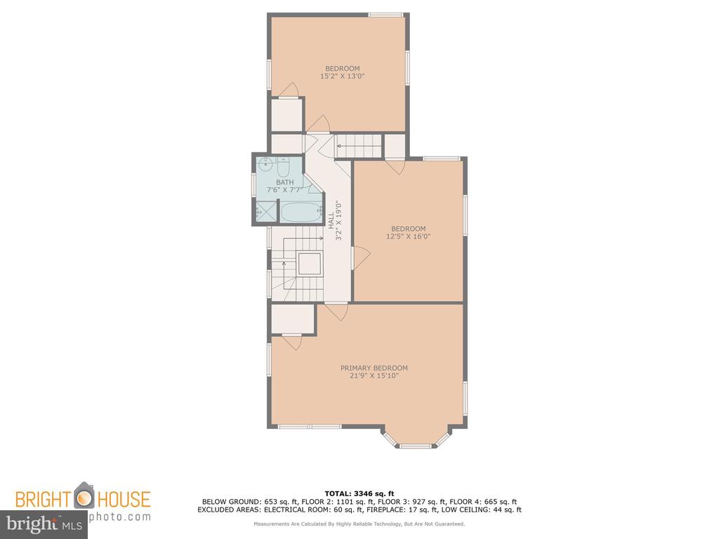 Second-floor plan with three bedrooms, a bathroom, hall, and stairway.