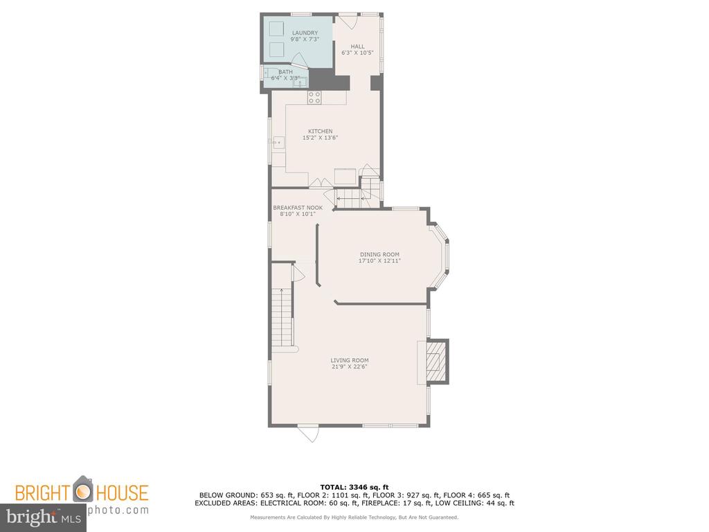 First-floor plan with kitchen, laundry, bath, breakfast nook, dining room, and living room.