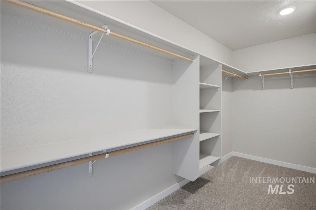 Empty walk-in closet with white shelving and hanging rods along two walls.