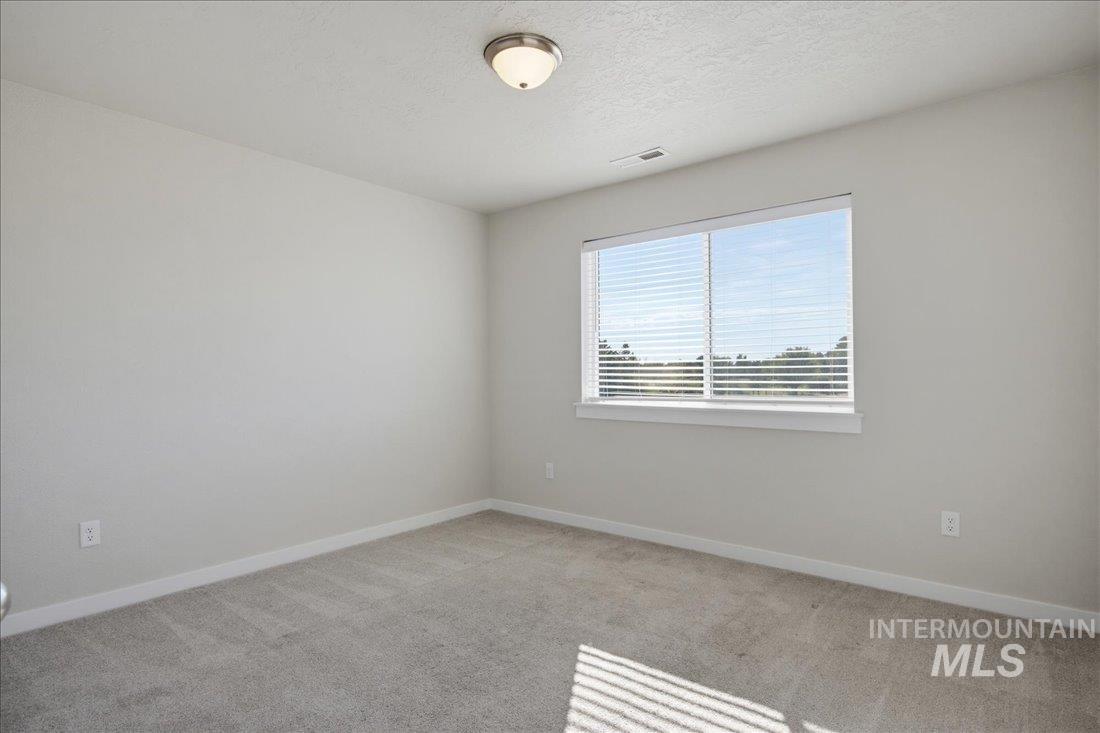 Empty carpeted bedroom with a wide window and sunlight across the floor.