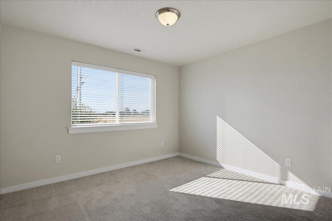 Empty carpeted bedroom with window blinds casting striped sunlight across the floor.