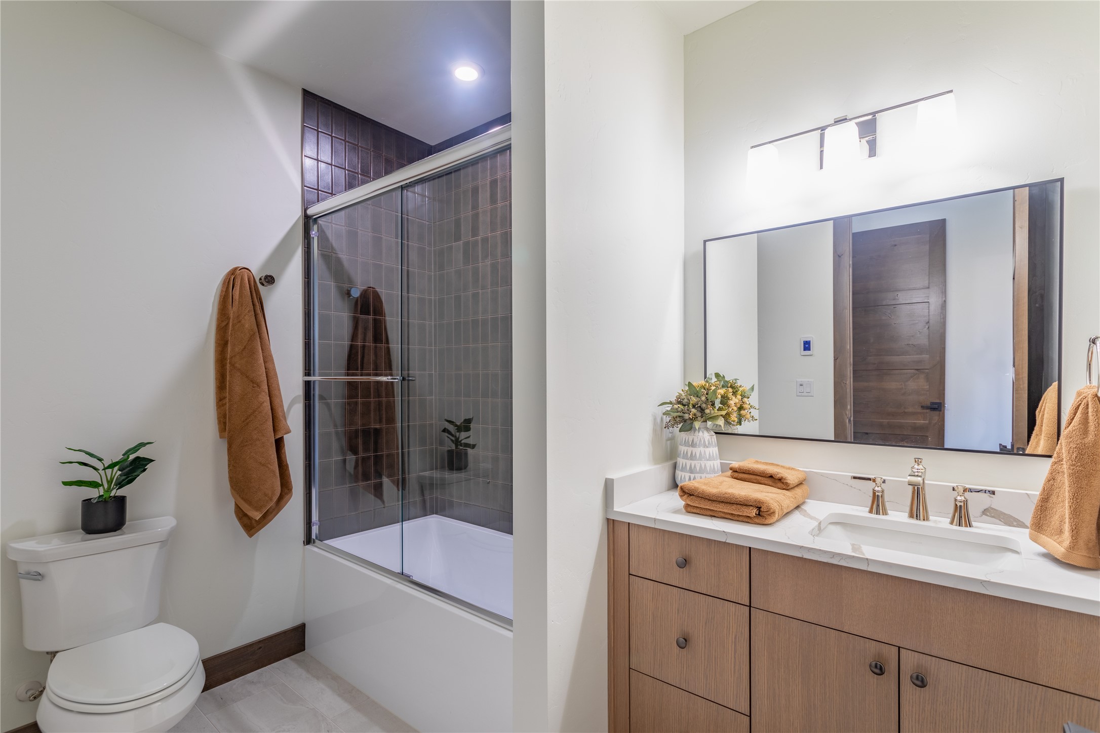 Bathroom with a dark-tiled glass shower and wood-grain vanity topped by a large mirror.
