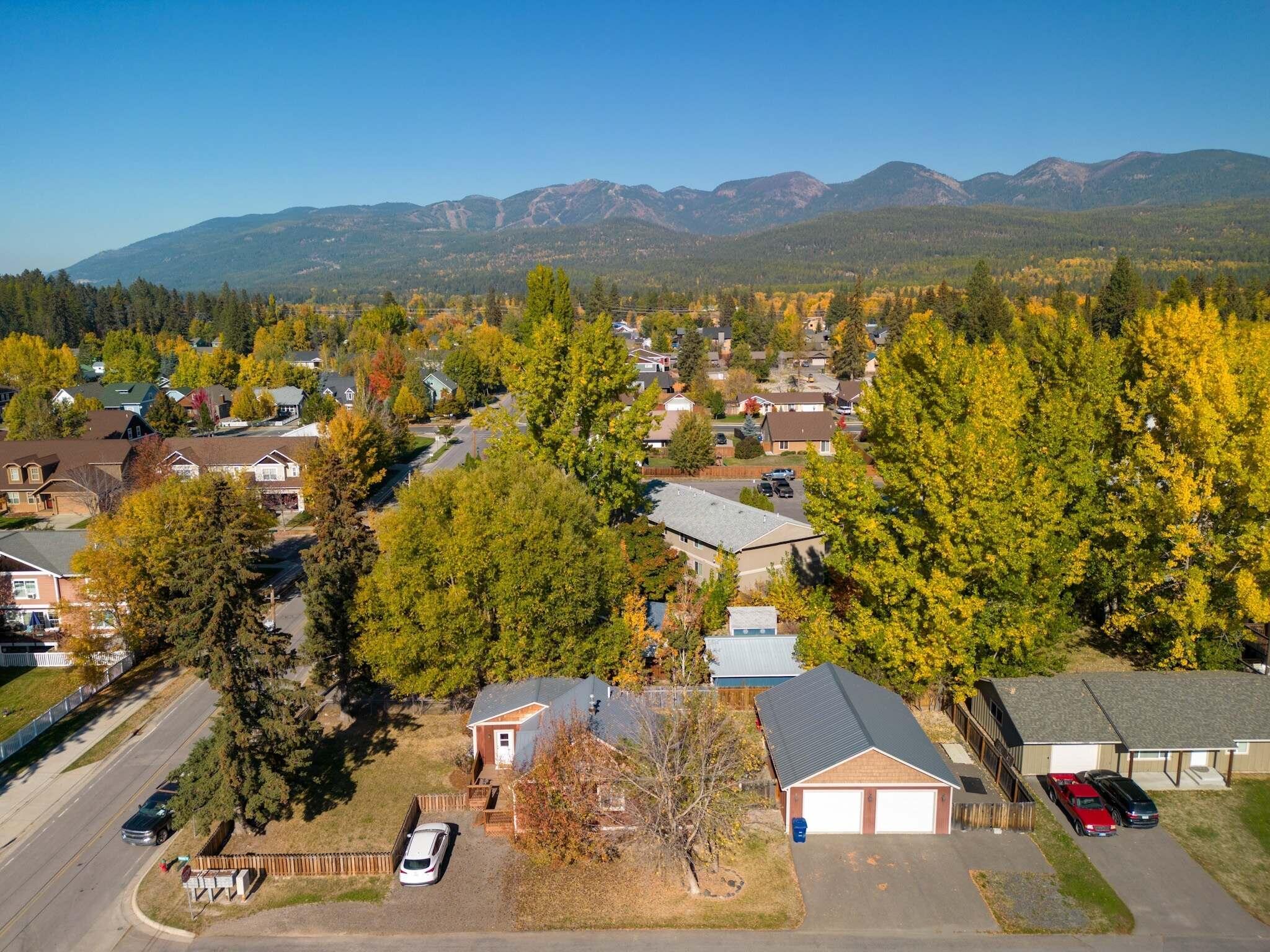 Aerial view of a tree-lined Whitefish neighborhood with mountains in the distance.