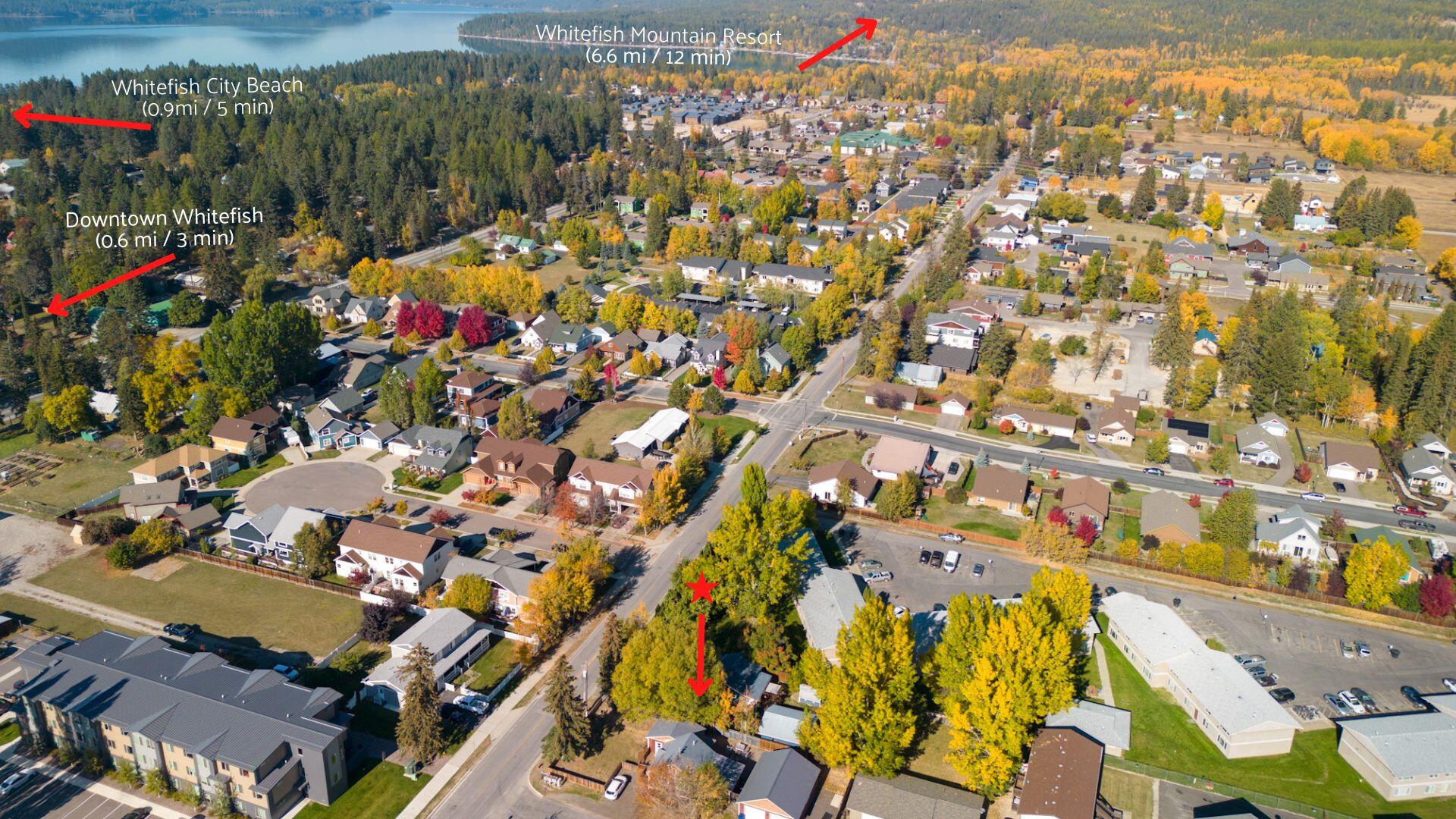 Aerial view of a Whitefish neighborhood, marked with nearby downtown, city beach, and mountain resort distances.