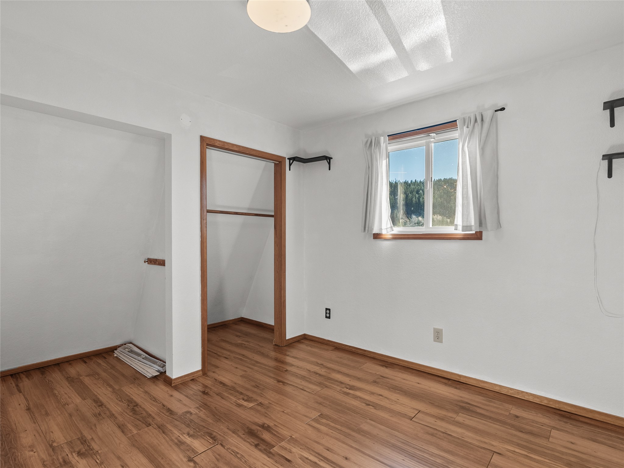 Vacant bedroom with wood-look flooring, an open closet, and a small window overlooking trees.