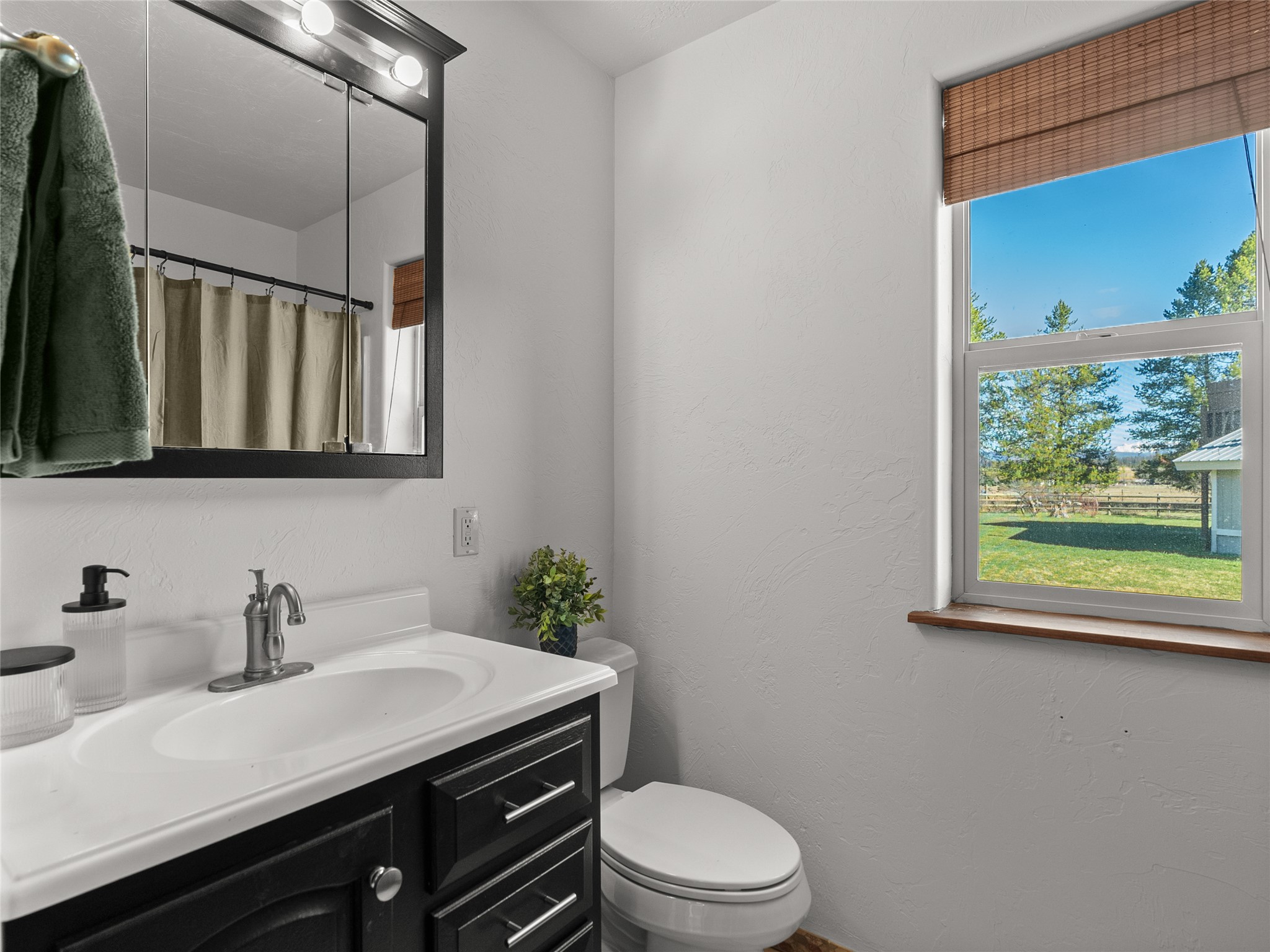 Bathroom with a black vanity and a window overlooking a green lawn and trees.