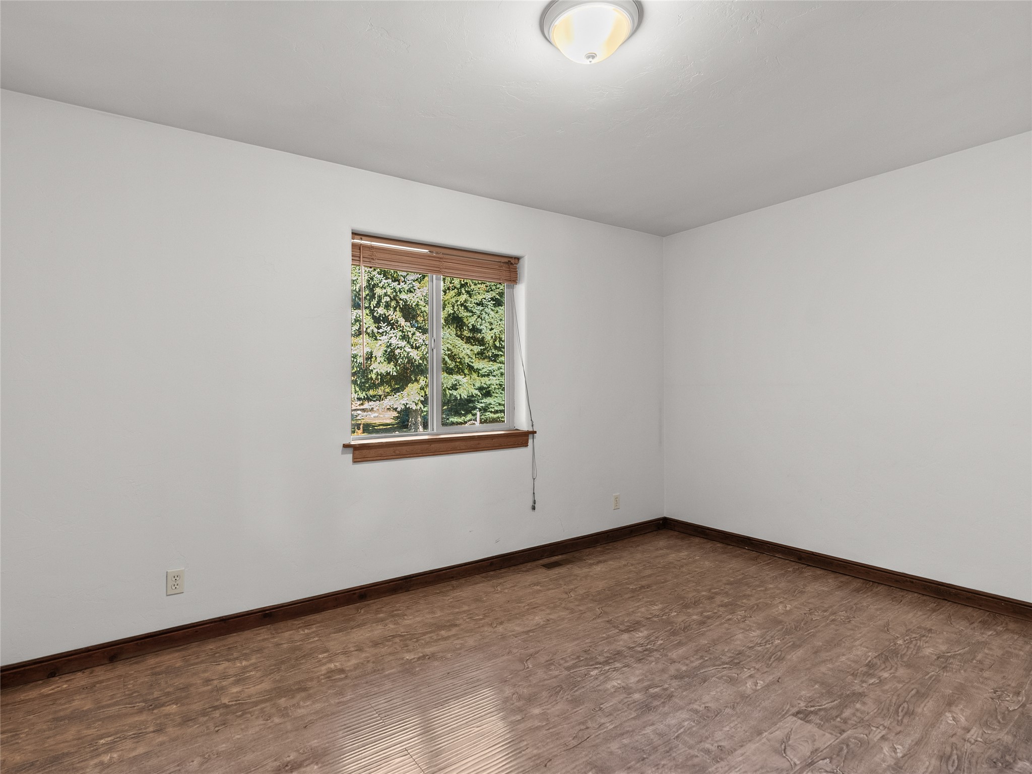 Empty room with wood-look flooring, dark trim, and a window overlooking leafy trees.