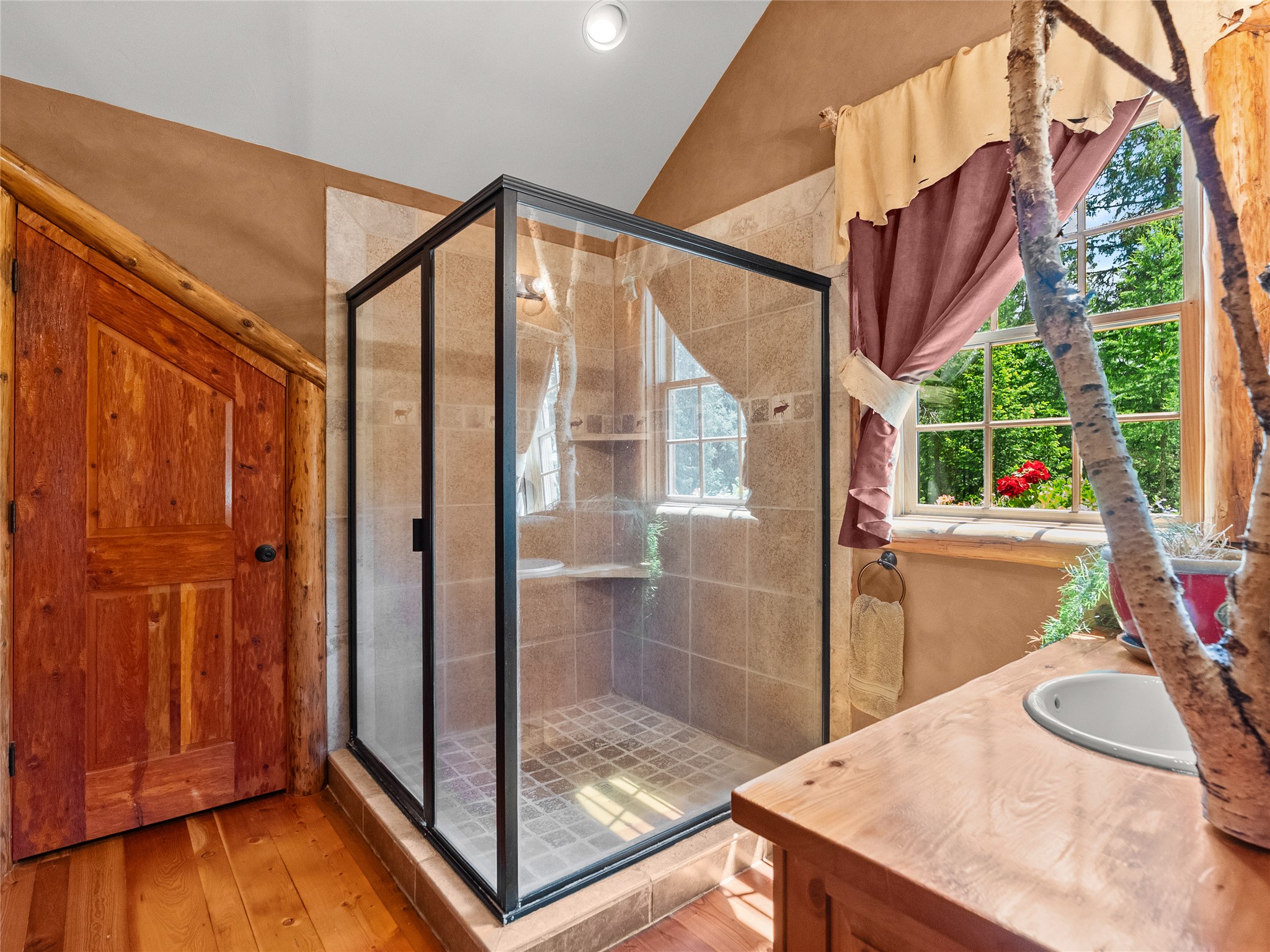 Bathroom with a glass-enclosed tiled shower, rustic wood door, and sunlit window.