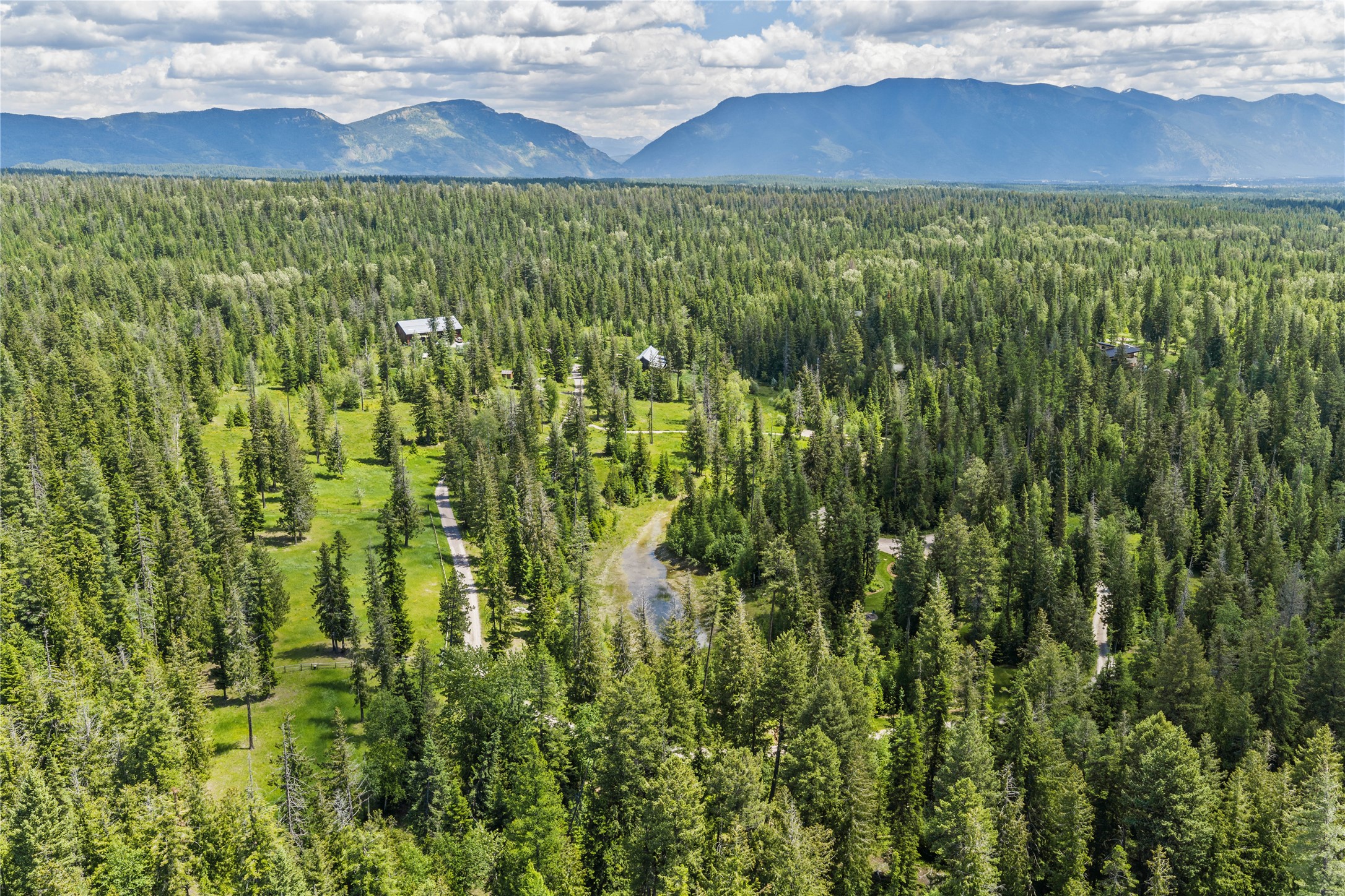 Aerial view of forested property with grassy clearings, a creek, and mountains beyond.