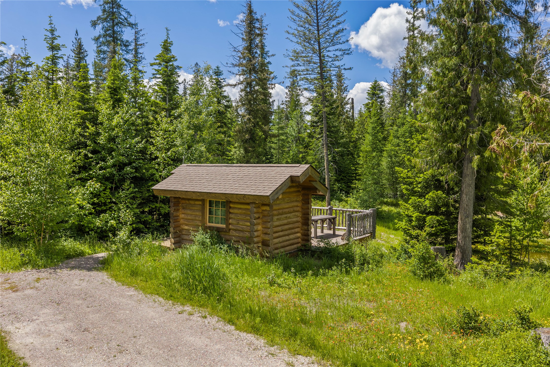Rustic log cabin with a raised deck in a forest clearing beside a gravel path.