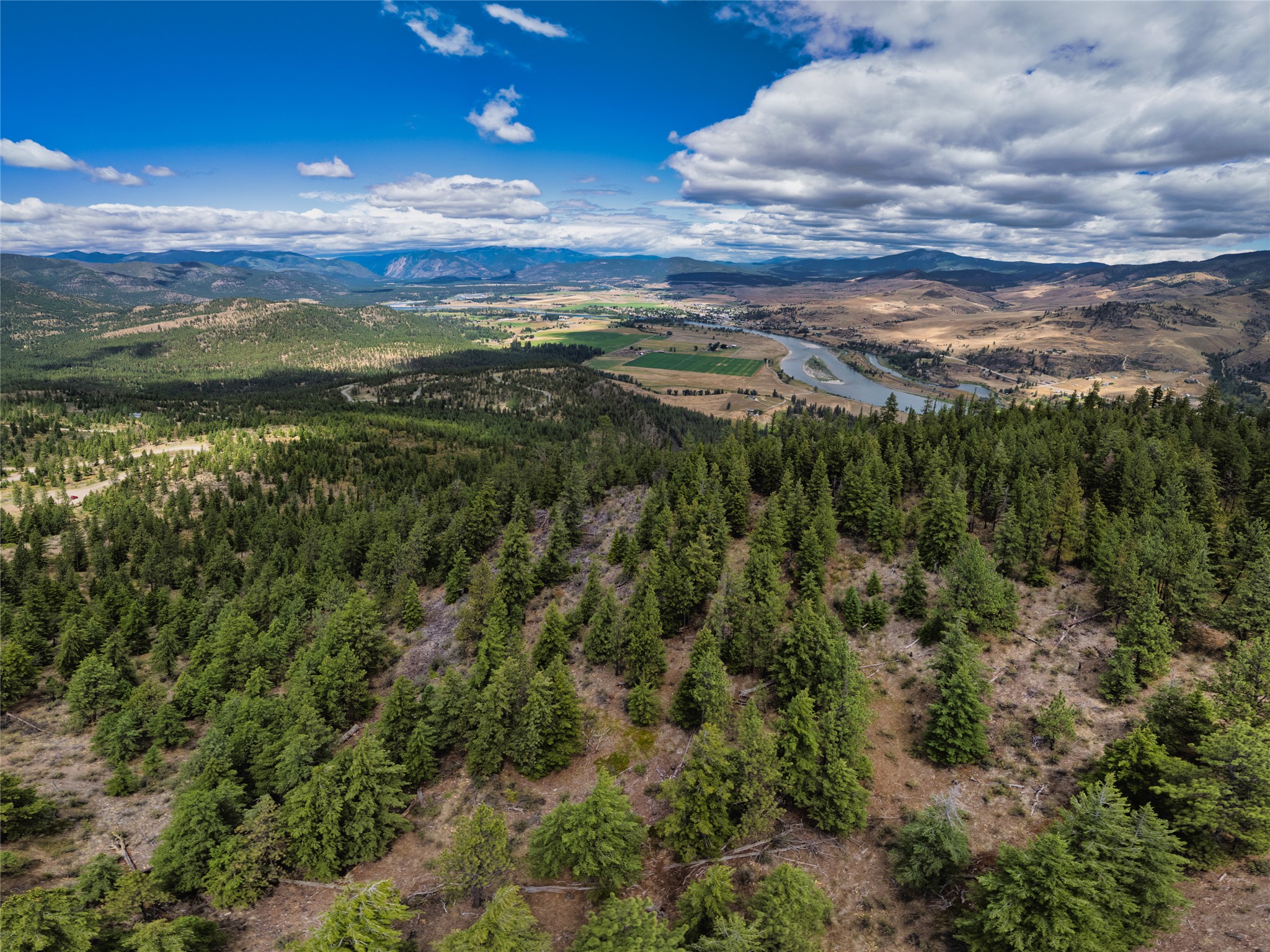 Aerial view of wooded land overlooking a river valley and distant mountains.