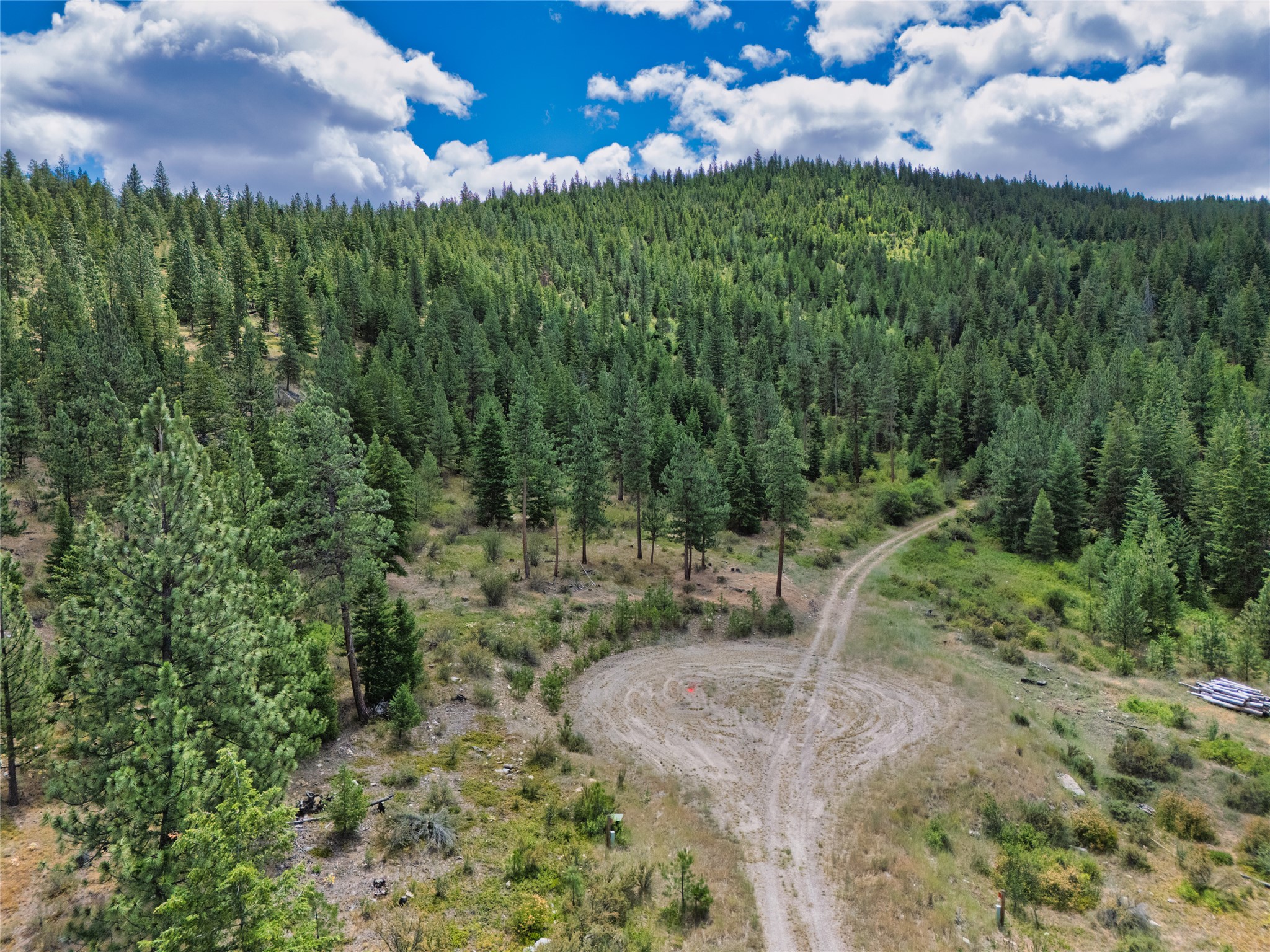 Aerial view of wooded land with a dirt access road and a cleared turnaround.