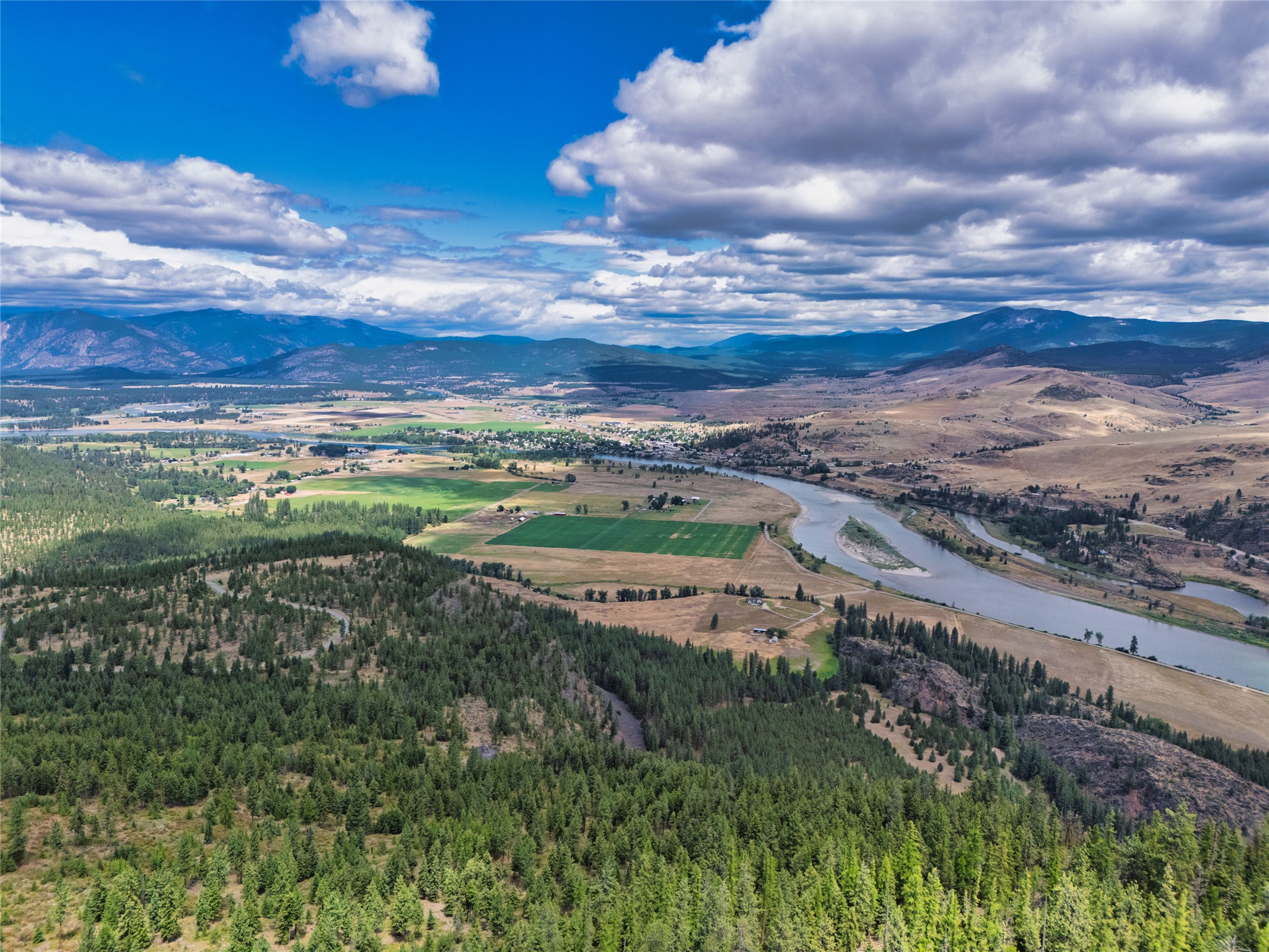 Aerial view of forested land overlooking a winding river, fields, and distant mountains.