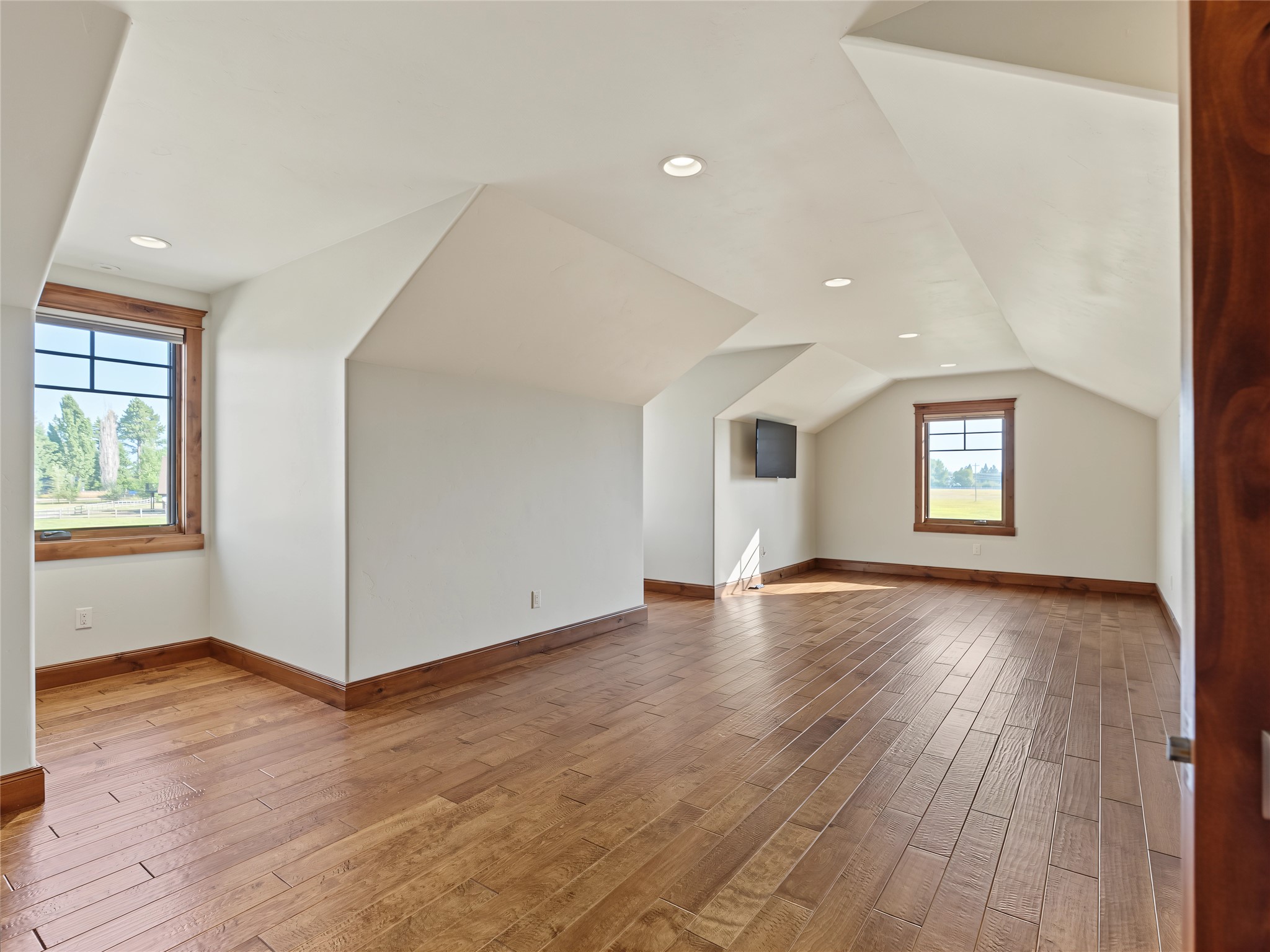 Vacant vaulted room with wide-plank wood floors, two windows, and a wall-mounted television.