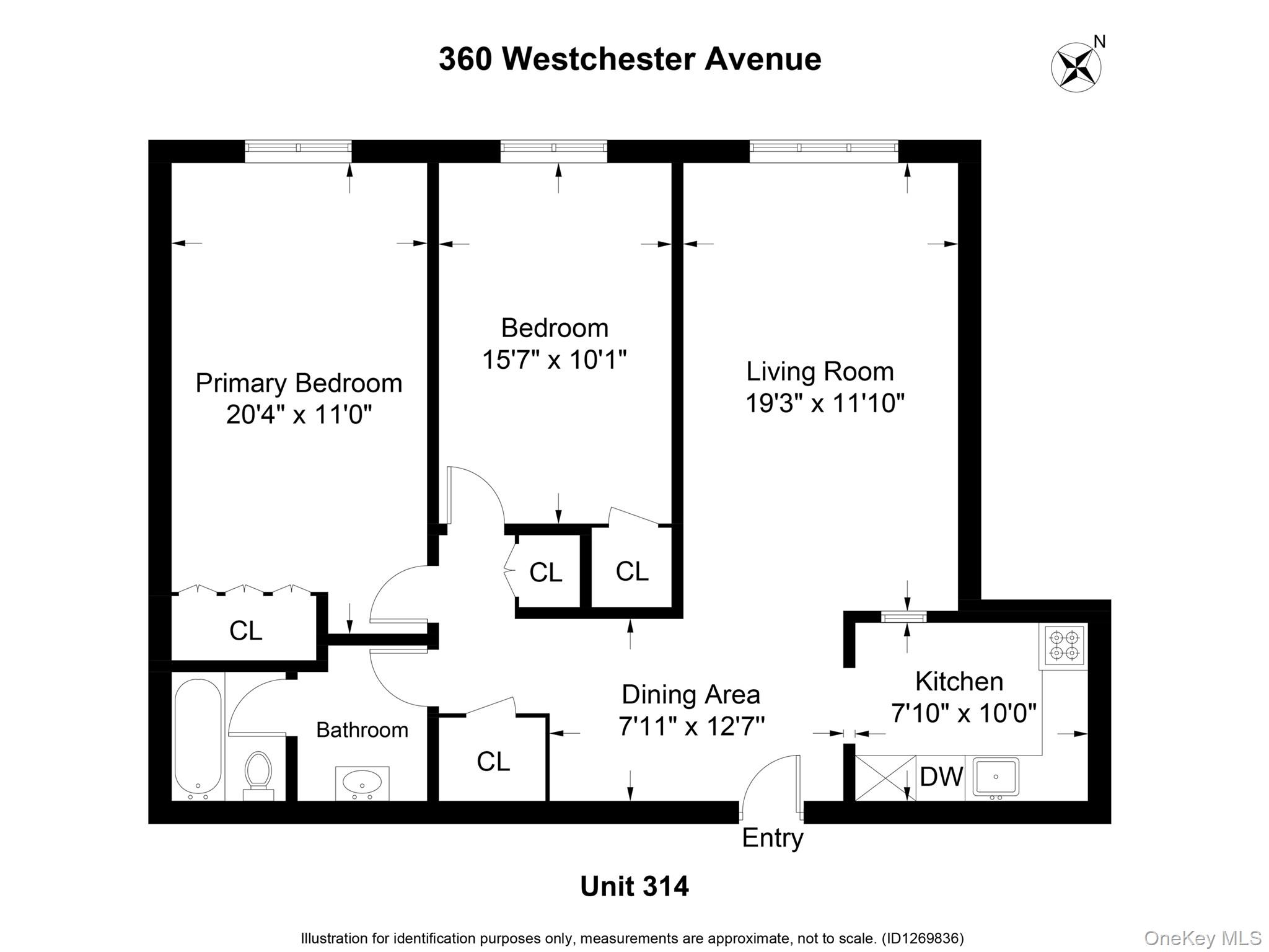 Floor plan for Unit 314 with two bedrooms, living room, dining area, kitchen, and bathroom.