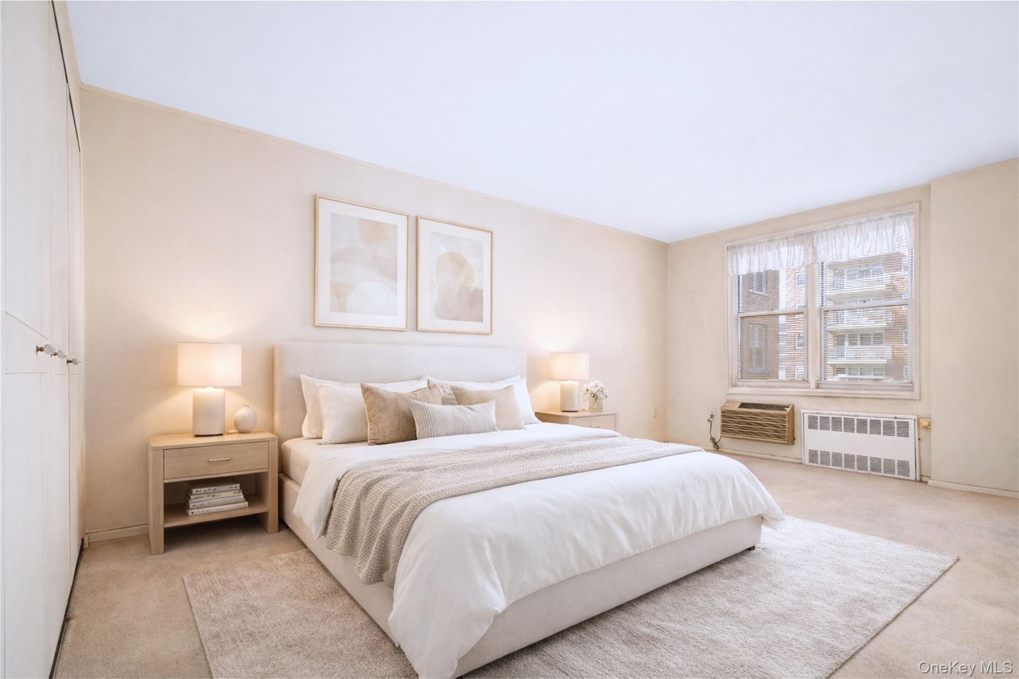Staged bedroom with a neutral upholstered bed, matching bedside lamps, and a large window.