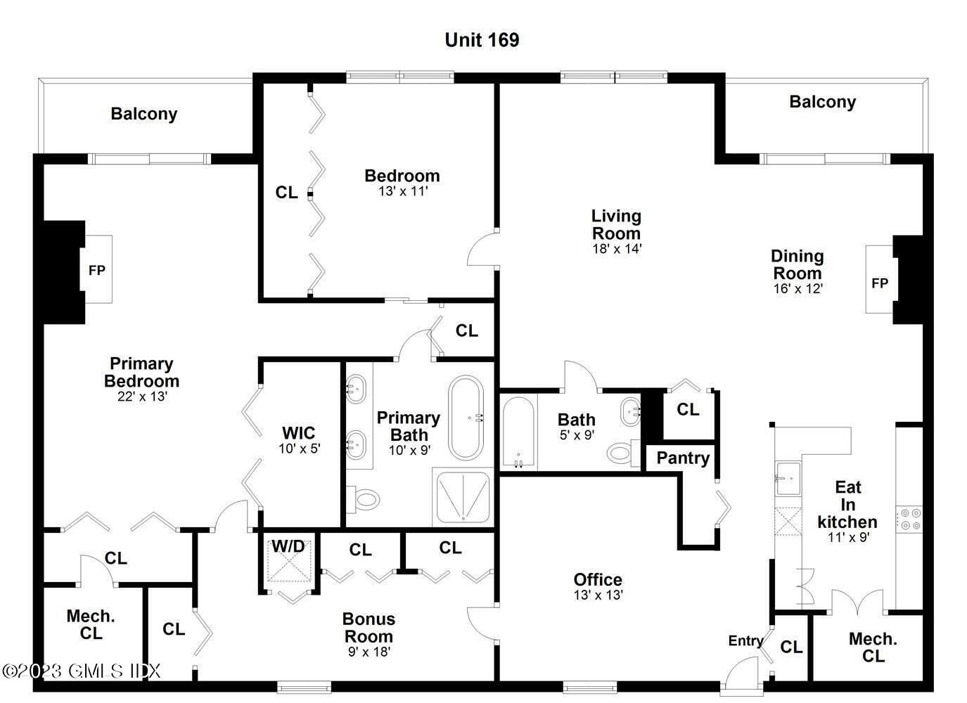 Floor plan for Unit 169 with two balconies, an office, bonus room, and labeled room dimensions.