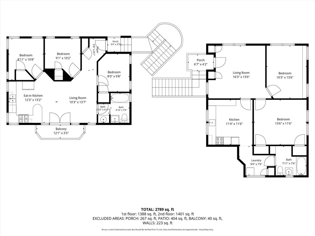 Two-floor house plan with labeled rooms, dimensions, central staircase, and 2,789 square feet total.