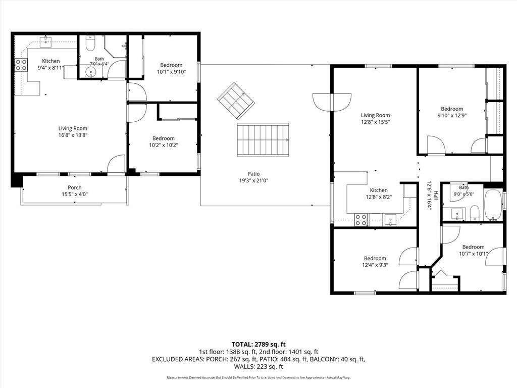 Floor plan showing two floors, bedrooms, living rooms, kitchens, and a central patio.