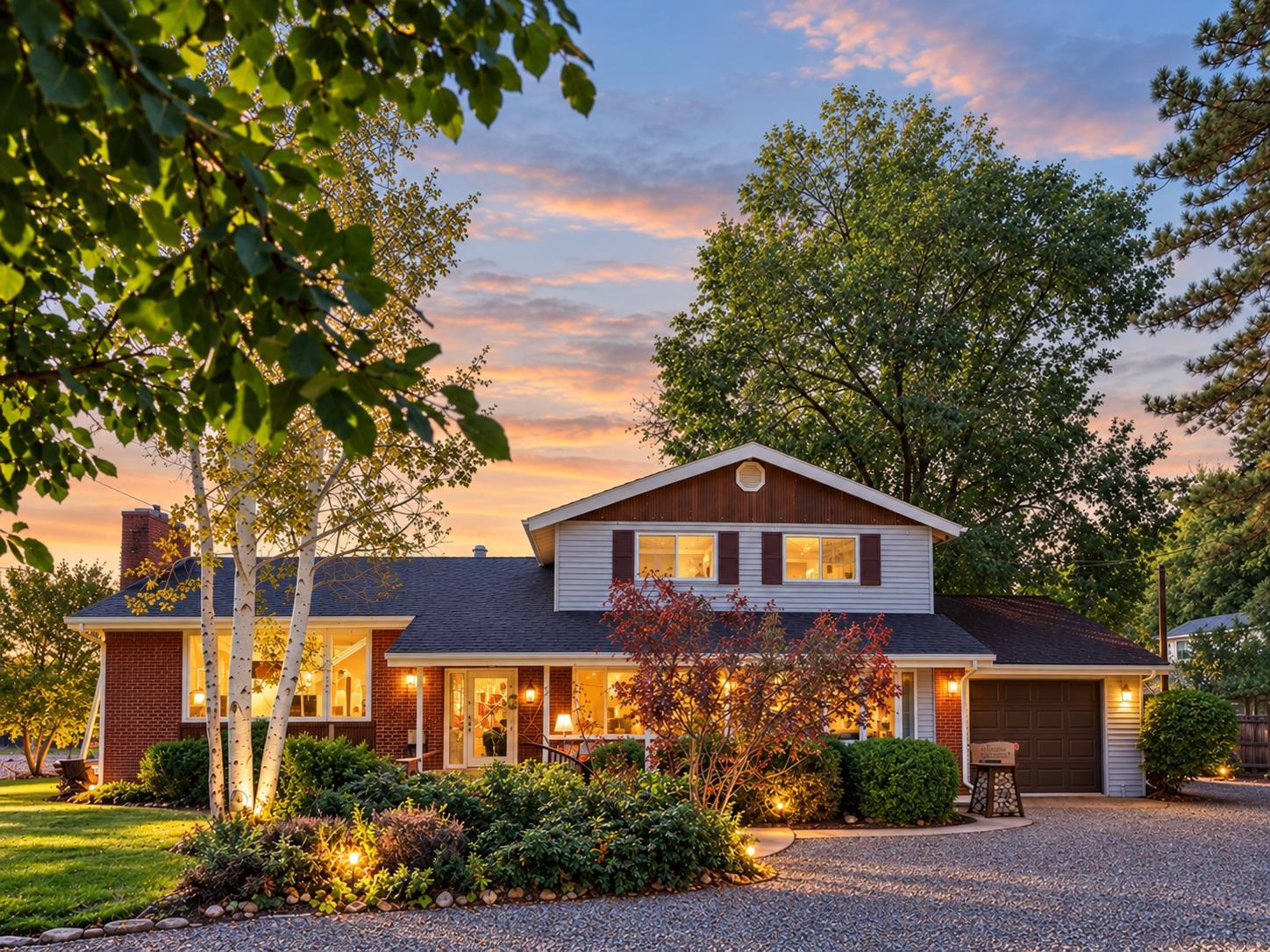 Two-story brick-and-siding house with a landscaped yard and glowing windows at dusk.