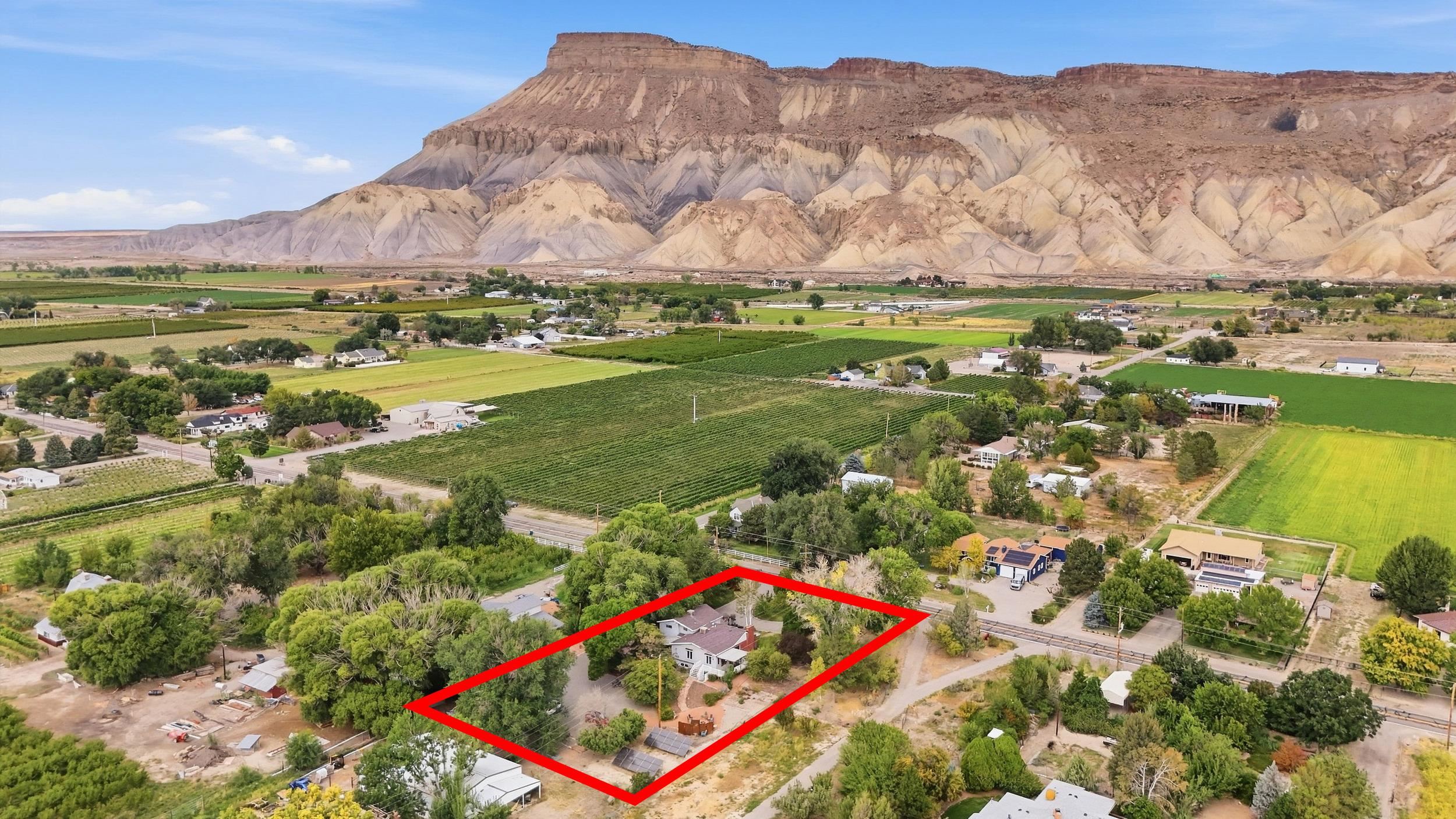 A red outline marks a tree-shaded home lot amid Palisade orchards, with a rocky mesa beyond.