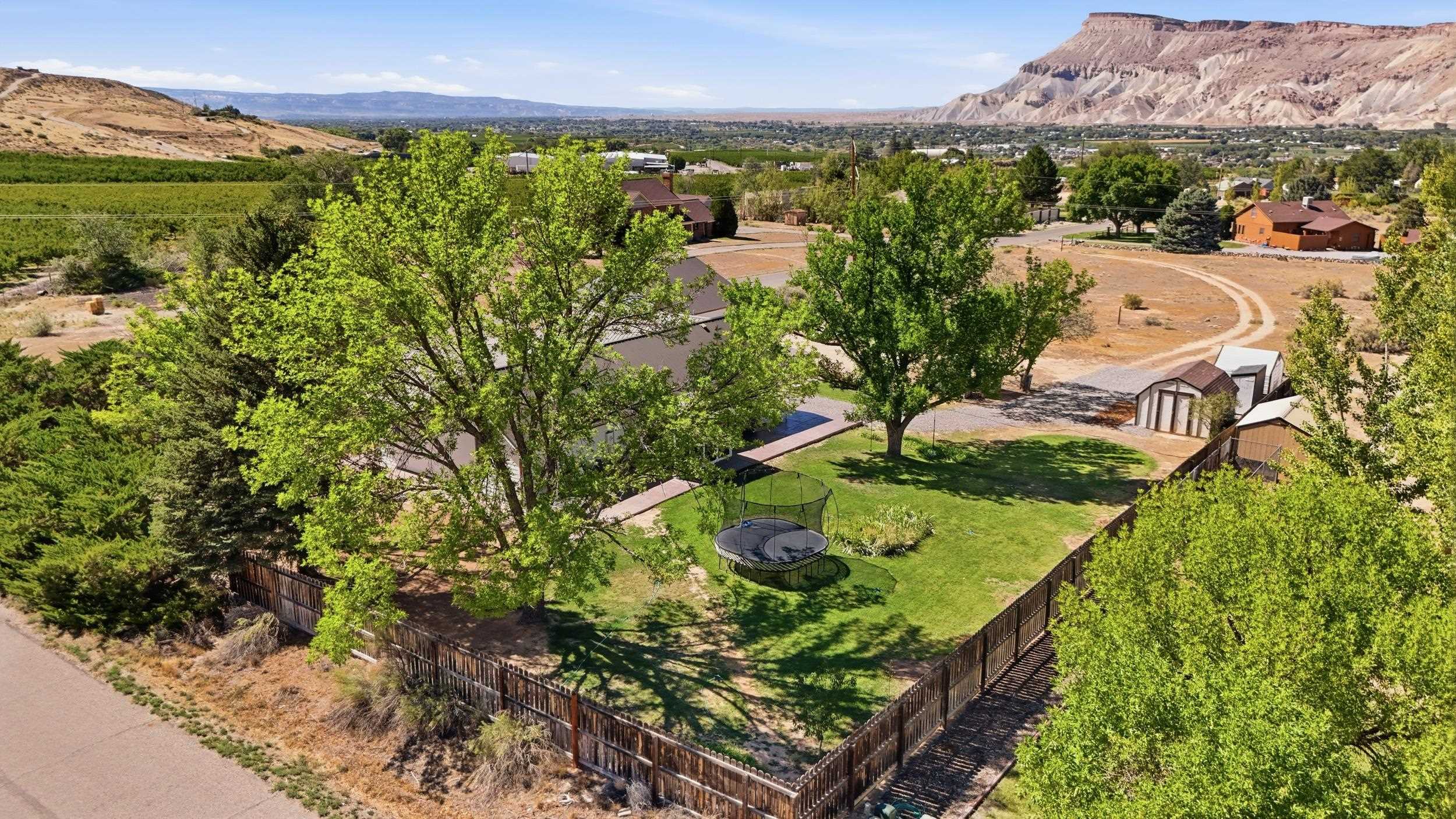 Aerial view of a fenced, tree-shaded yard with a trampoline and outbuildings, backed by valley and cliffs.
