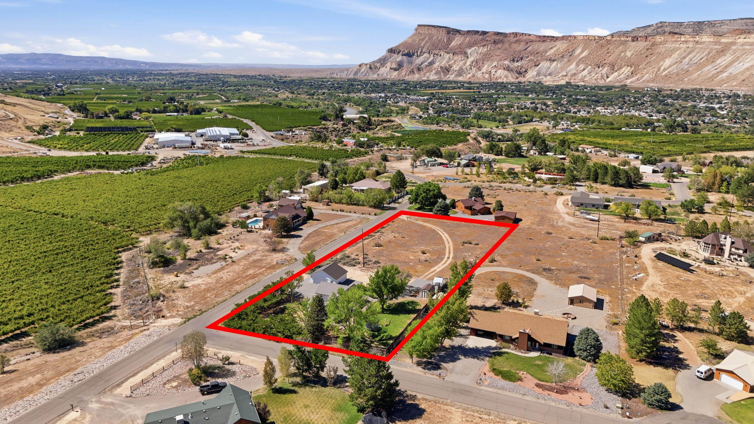 Aerial view of the red-outlined lot, with a landscaped yard, orchards, and cliffs beyond.