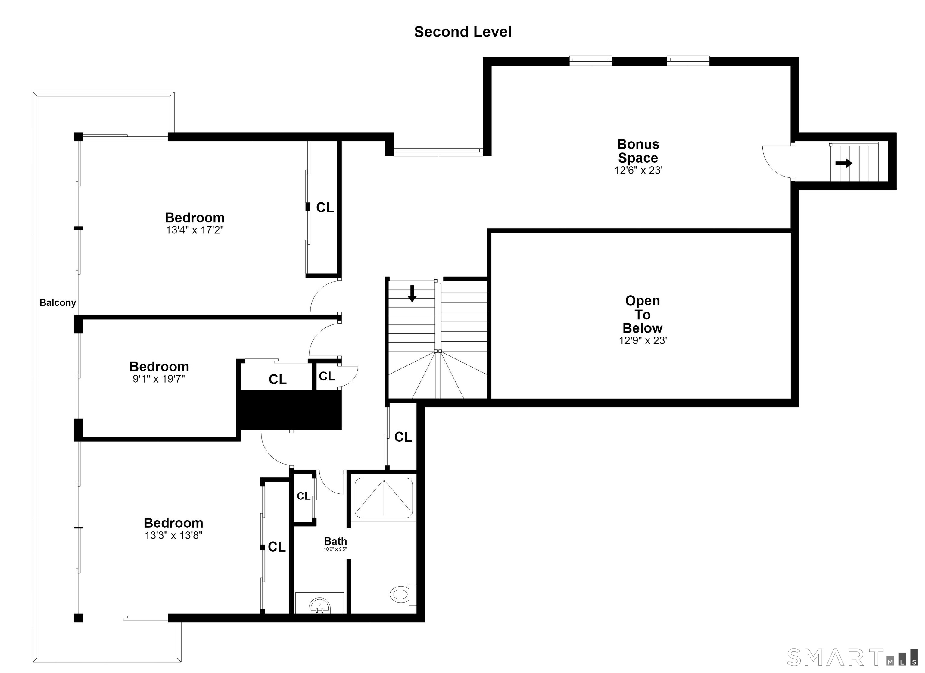 Second-level floor plan with three bedrooms, a bath, balcony, bonus space, and open-to-below area.