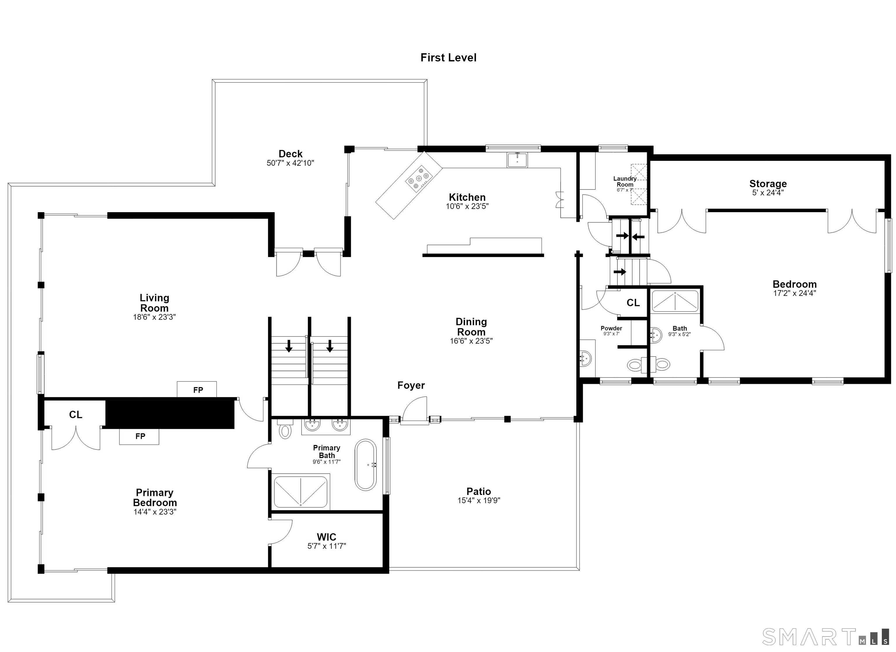 First-level floor plan with two bedrooms, a large living room, kitchen, deck, and patio.