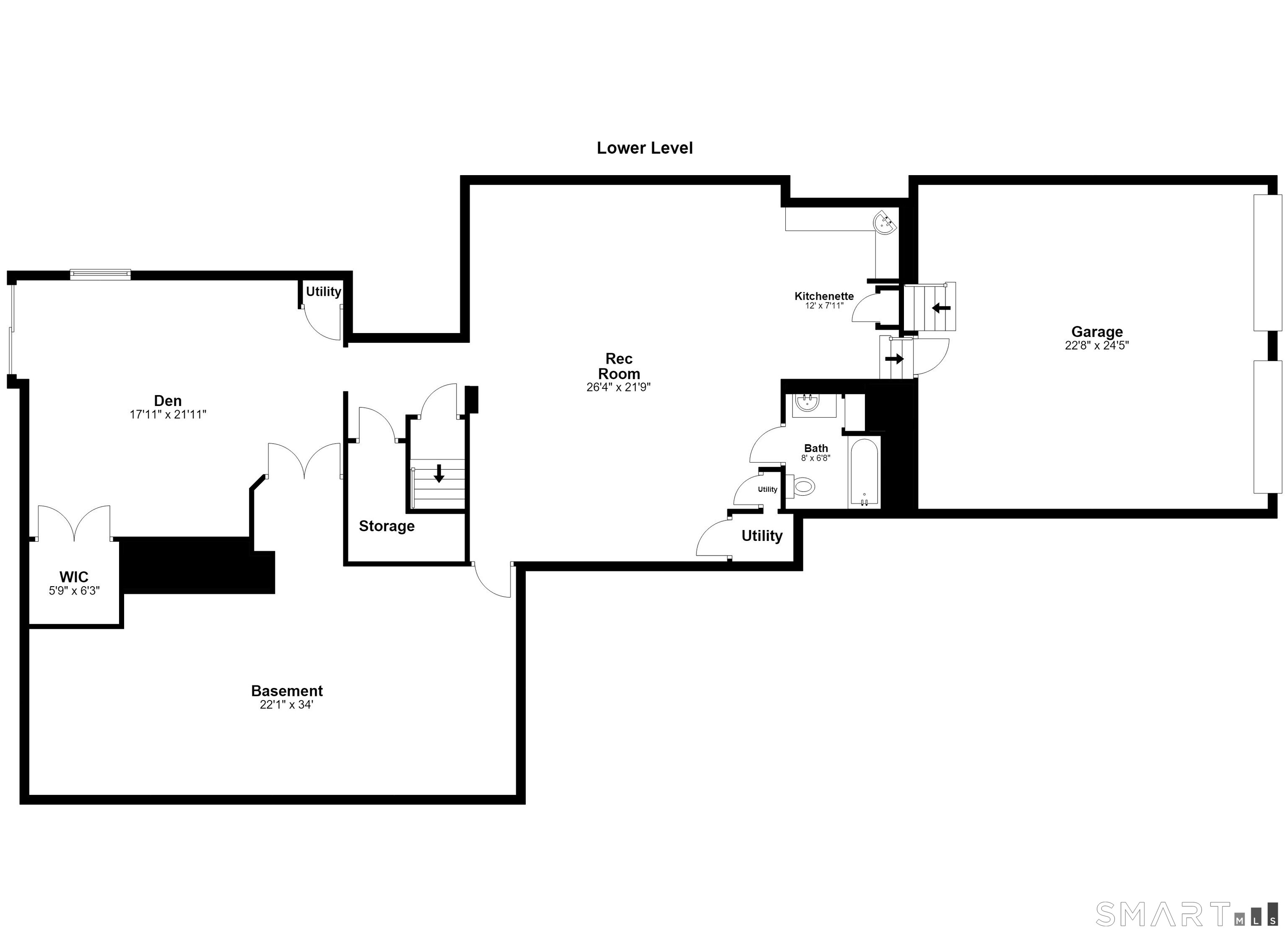 Lower-level floor plan showing a den, recreation room, basement, garage, and utility spaces.