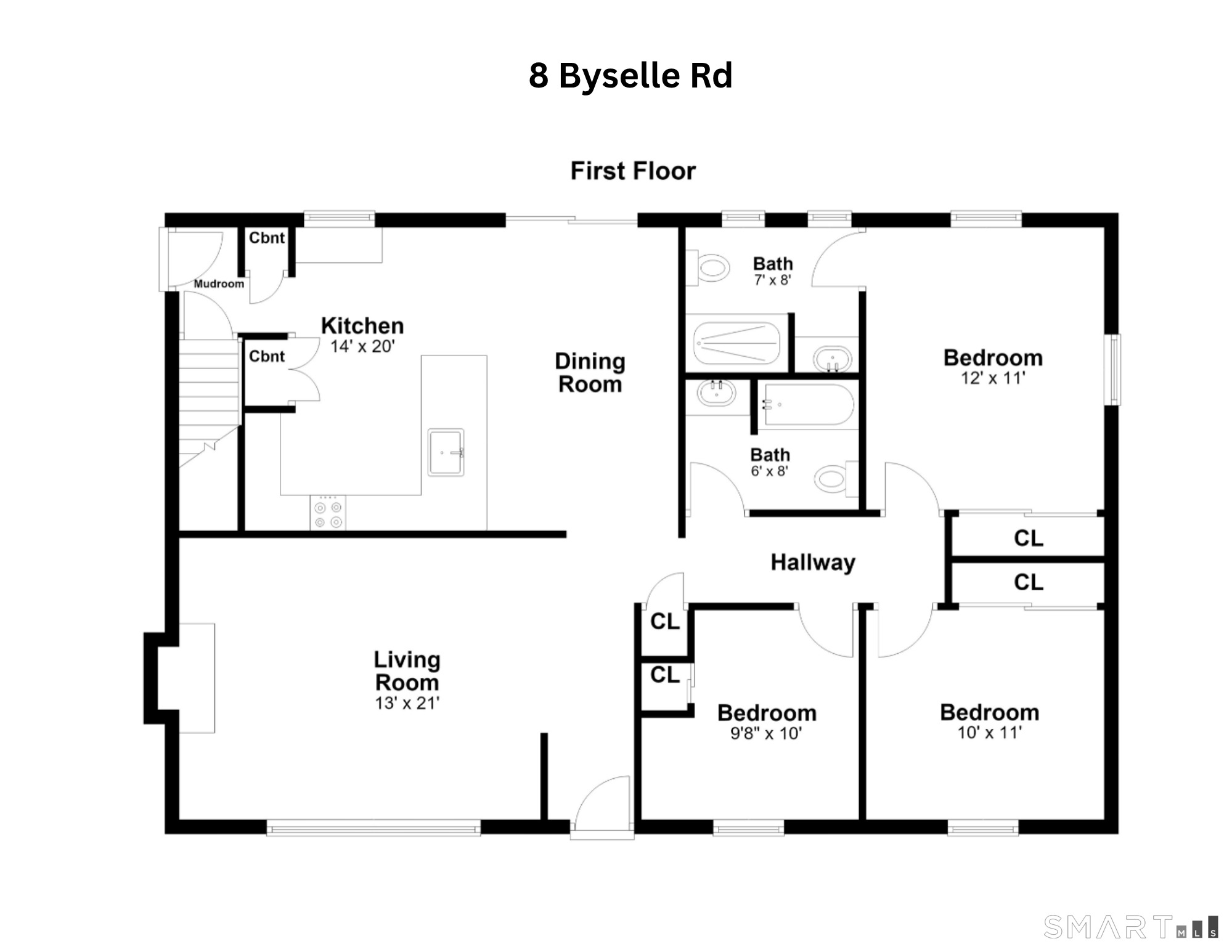 First-floor plan for 8 Byselle Road with three bedrooms, two bathrooms, and labeled room dimensions.